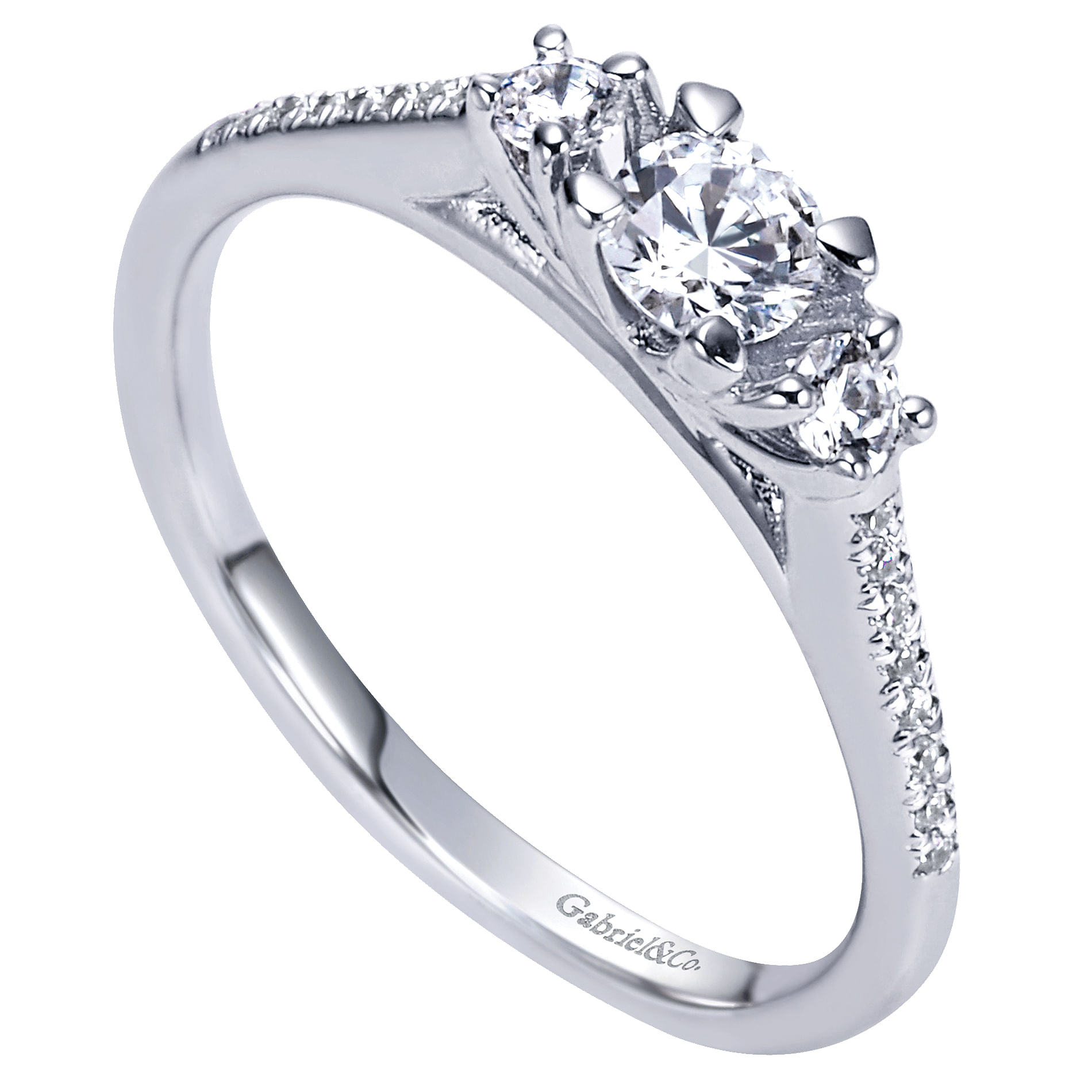 14k White Gold Round 3 Stones Engagement Ring angle 3 14k White Gold Round 3 Stones Engagement Ring angle 3