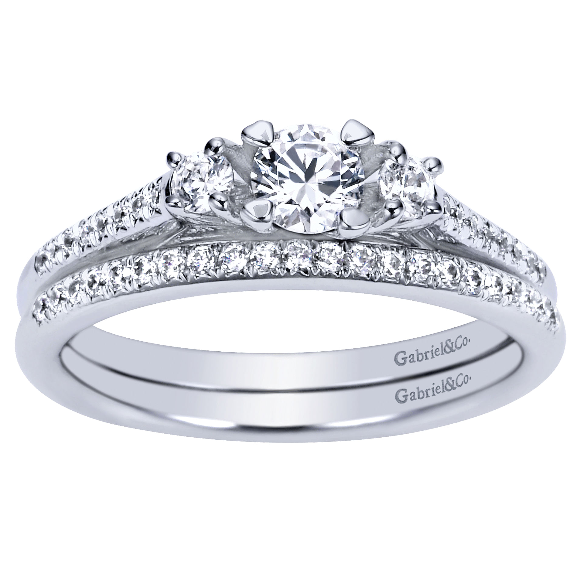 14k White Gold Round 3 Stones Engagement Ring angle 4 14k White Gold Round 3 Stones Engagement Ring angle 4