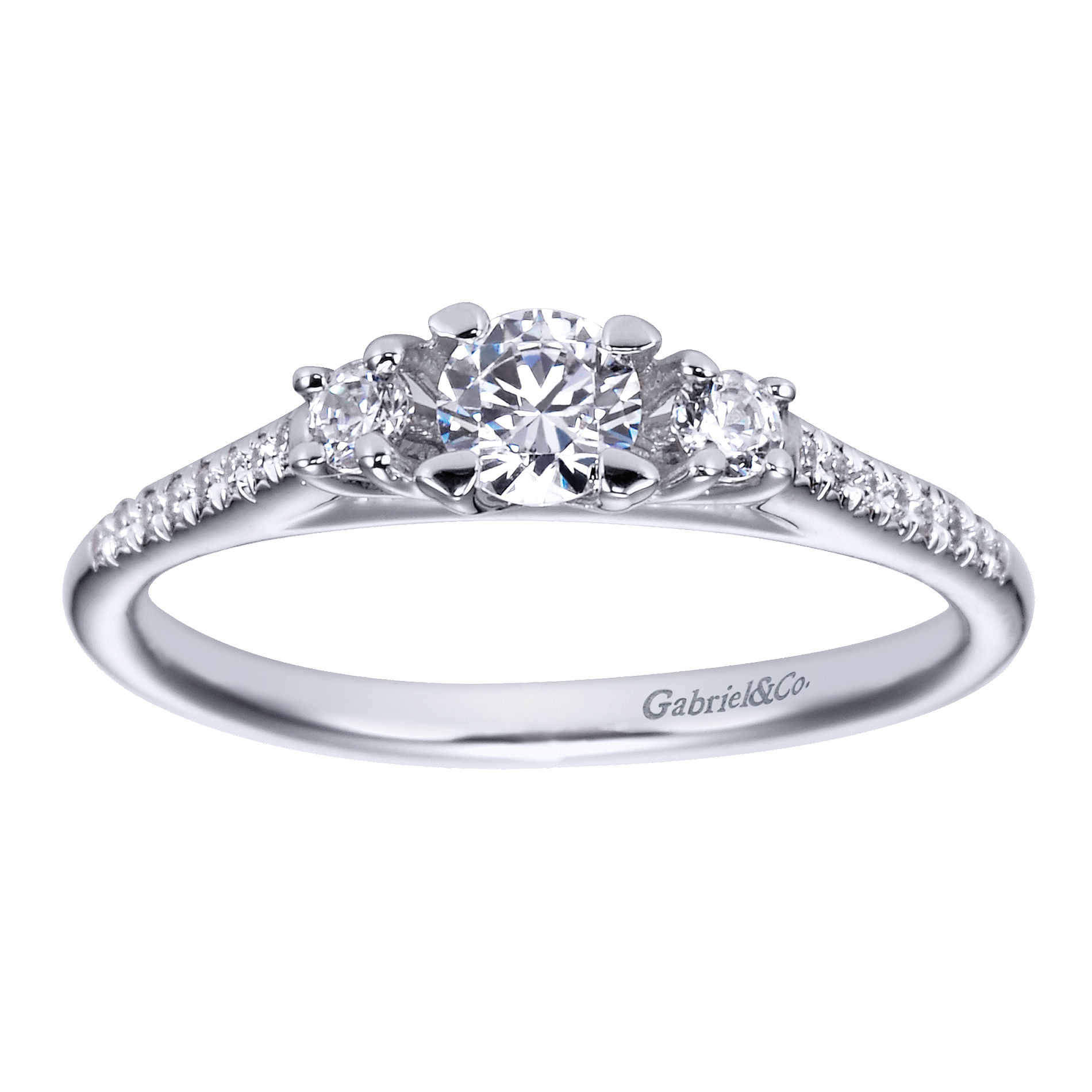 14k White Gold Round 3 Stones Engagement Ring angle 5 14k White Gold Round 3 Stones Engagement Ring angle 5