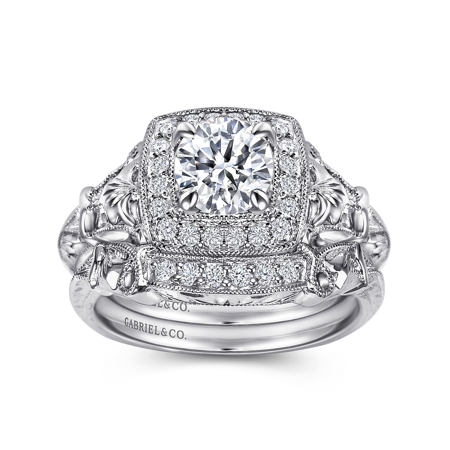 14k White Gold Round Halo Engagement Ring angle 4 14k White Gold Round Halo Engagement Ring angle 4