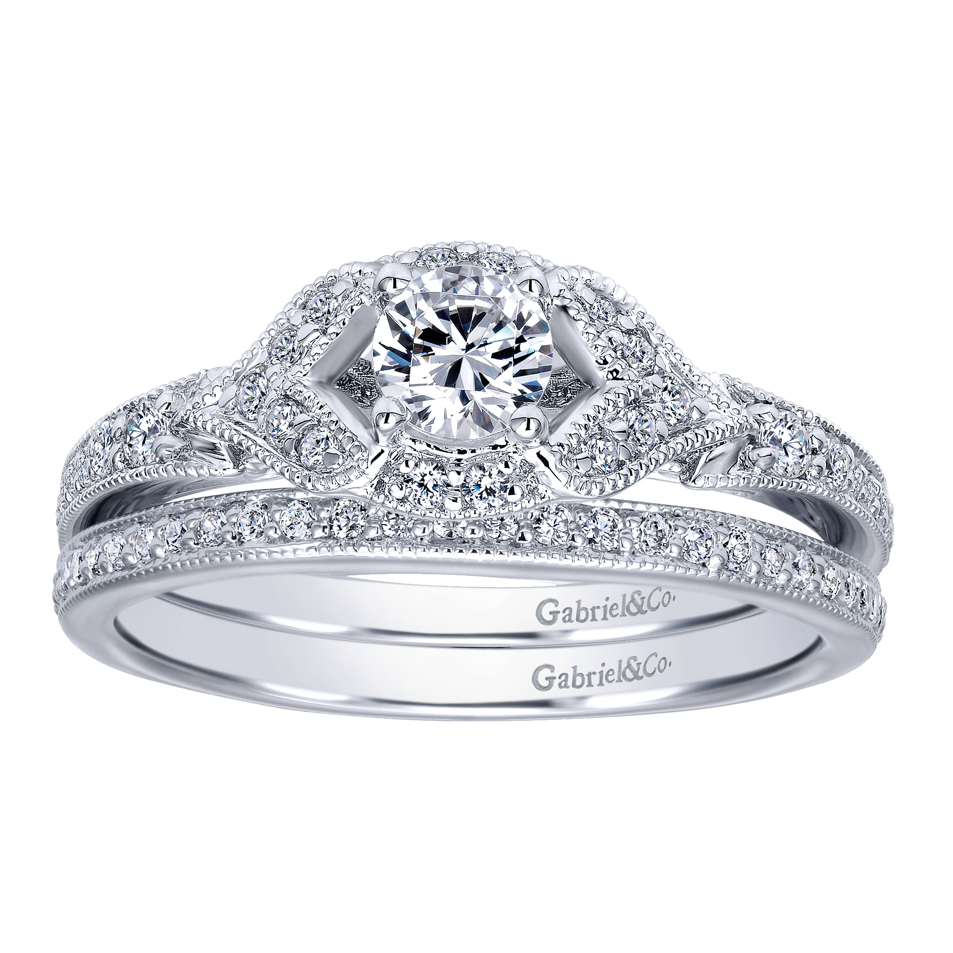 14k White Gold Round Halo Engagement Ring angle 4 14k White Gold Round Halo Engagement Ring angle 4