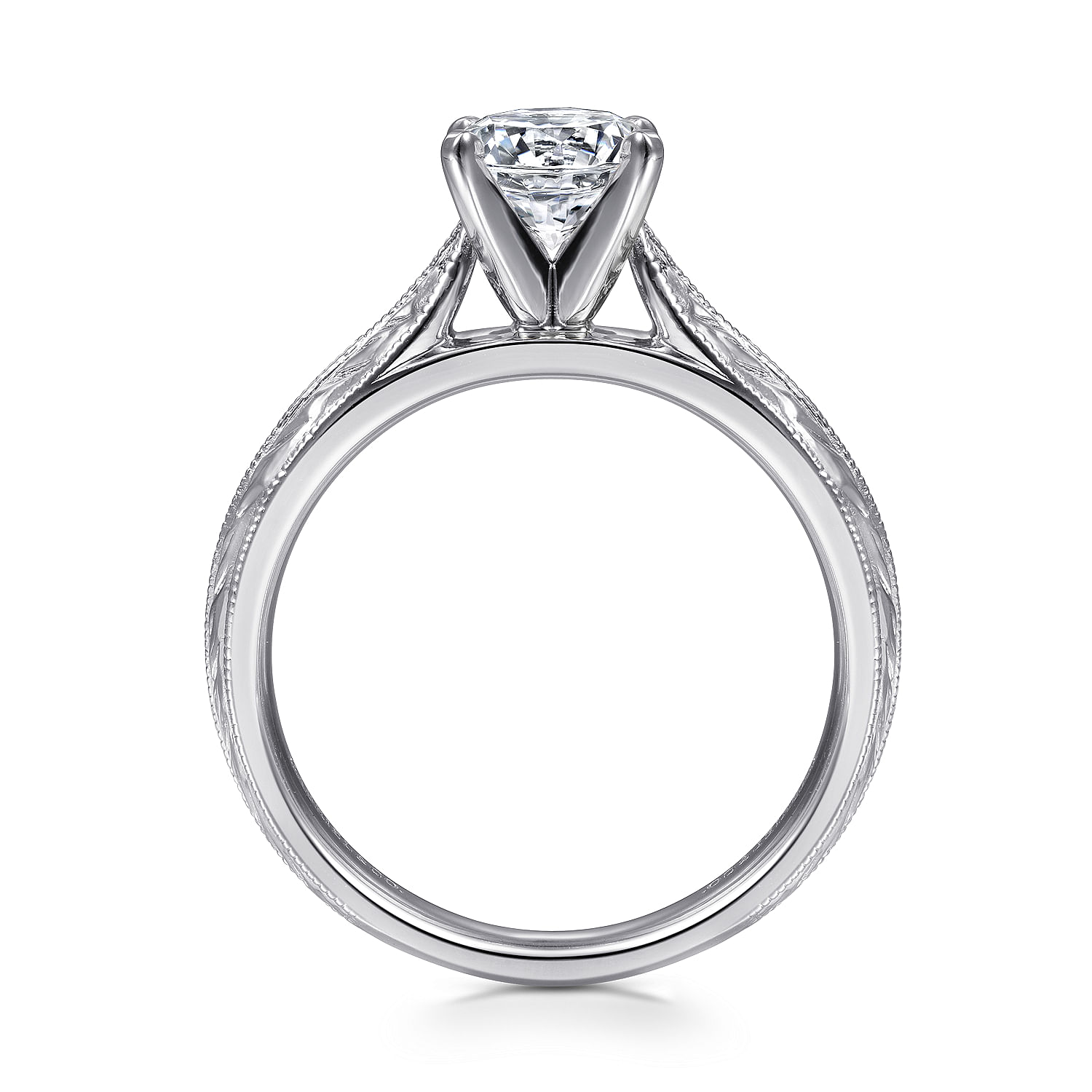 14k White Gold Straight Engagement Ring with Hand Etching and Milgrain Detailing angle 2 14k White Gold Straight Engagement Ring with Hand Etching and Milgrain Detailing angle 2