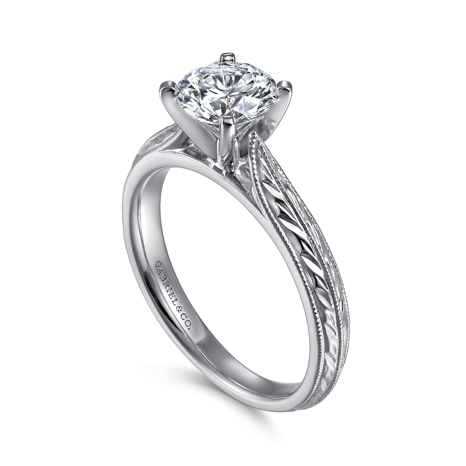 14k White Gold Straight Engagement Ring with Hand Etching and Milgrain Detailing angle 3 14k White Gold Straight Engagement Ring with Hand Etching and Milgrain Detailing angle 3