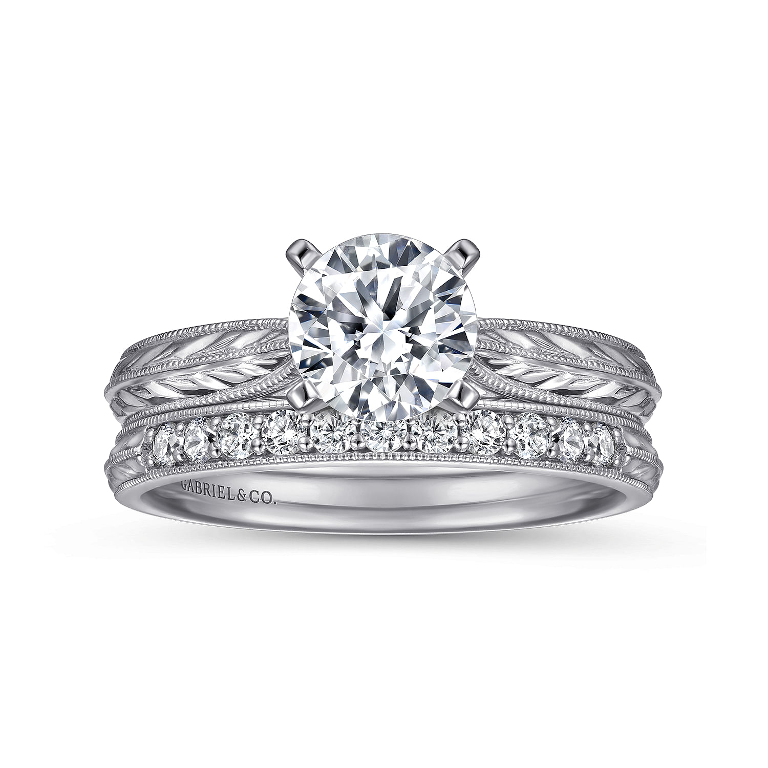14k White Gold Straight Engagement Ring with Hand Etching and Milgrain Detailing angle 4 14k White Gold Straight Engagement Ring with Hand Etching and Milgrain Detailing angle 4