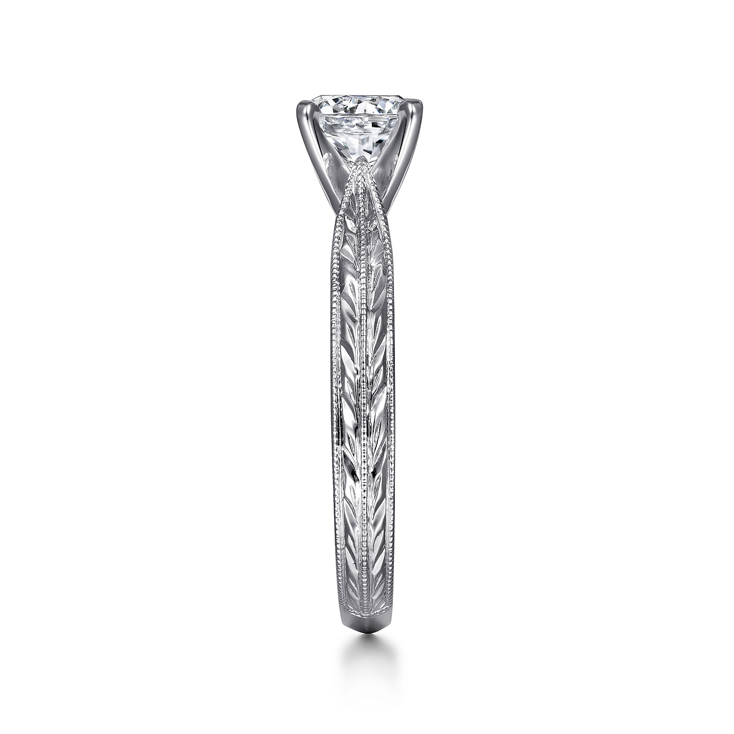 14k White Gold Straight Engagement Ring with Hand Etching and Milgrain Detailing angle 5 14k White Gold Straight Engagement Ring with Hand Etching and Milgrain Detailing angle 5