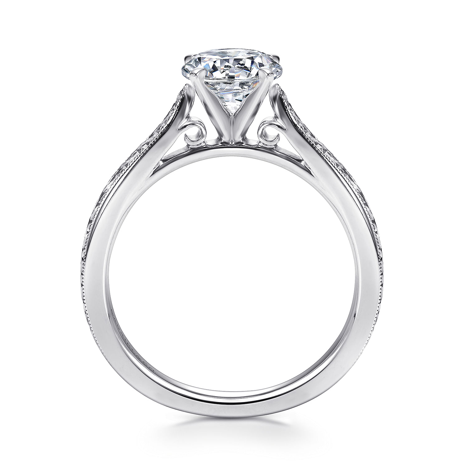 14k White Gold Straight Milgrain and Hand Etched Engagement Ring angle 2 14k White Gold Straight Milgrain and Hand Etched Engagement Ring angle 2