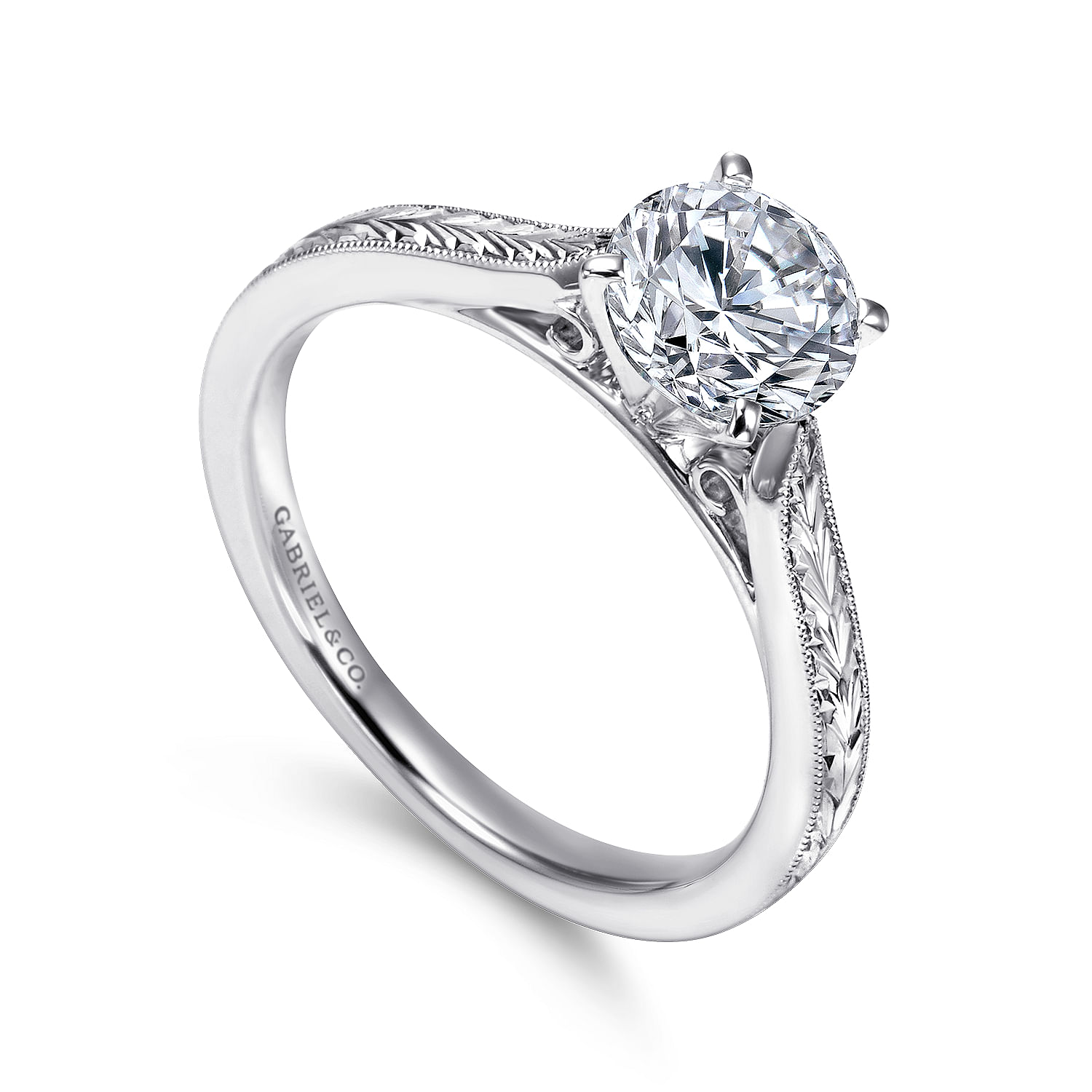 14k White Gold Straight Milgrain and Hand Etched Engagement Ring angle 3 14k White Gold Straight Milgrain and Hand Etched Engagement Ring angle 3