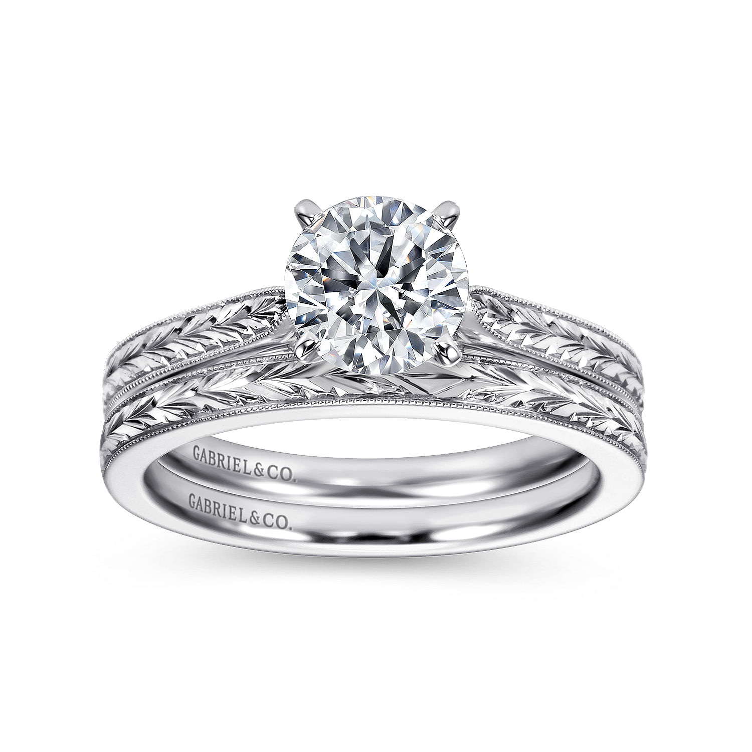 14k White Gold Straight Milgrain and Hand Etched Engagement Ring angle 4 14k White Gold Straight Milgrain and Hand Etched Engagement Ring angle 4