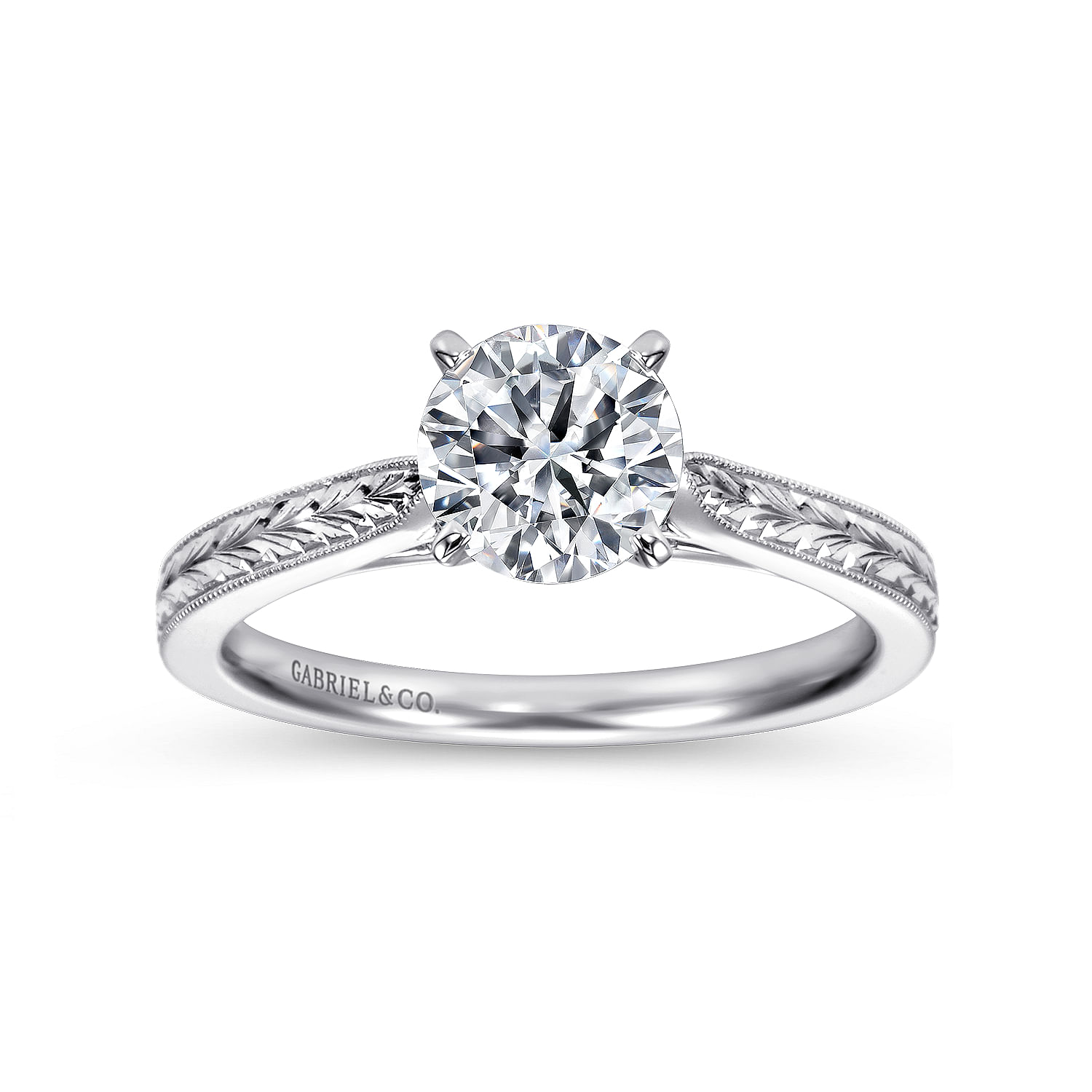 14k White Gold Straight Milgrain and Hand Etched Engagement Ring angle 5 14k White Gold Straight Milgrain and Hand Etched Engagement Ring angle 5