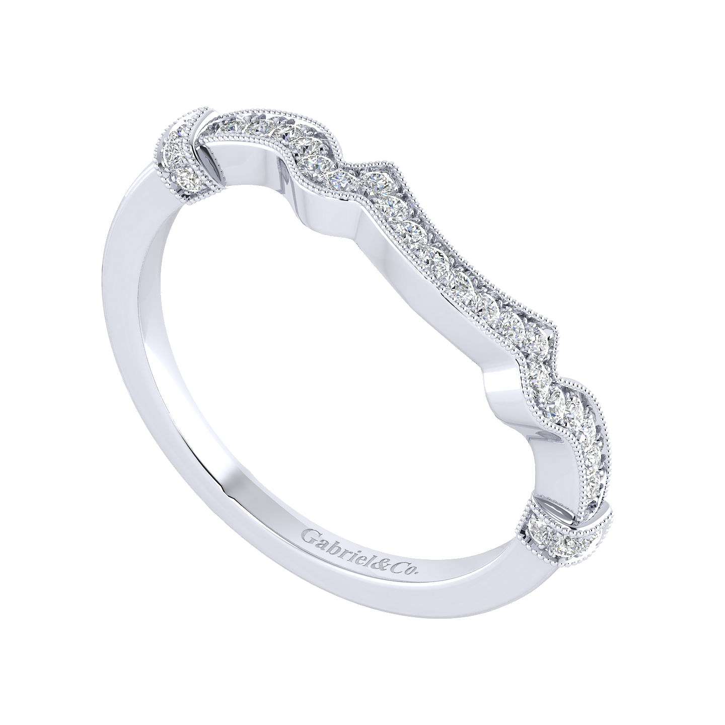 14k White Gold Victorian Curved Wedding Band angle 3 14k White Gold Victorian Curved Wedding Band angle 3