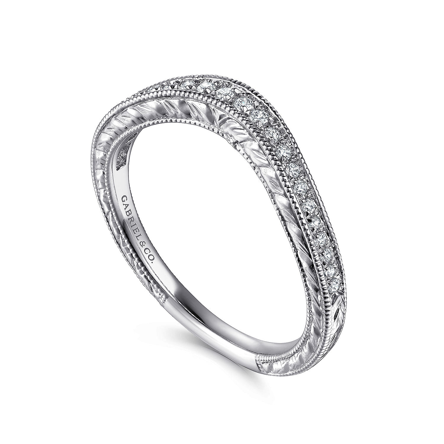 14k White Gold Victorian Curved Wedding Band angle 3 14k White Gold Victorian Curved Wedding Band angle 3
