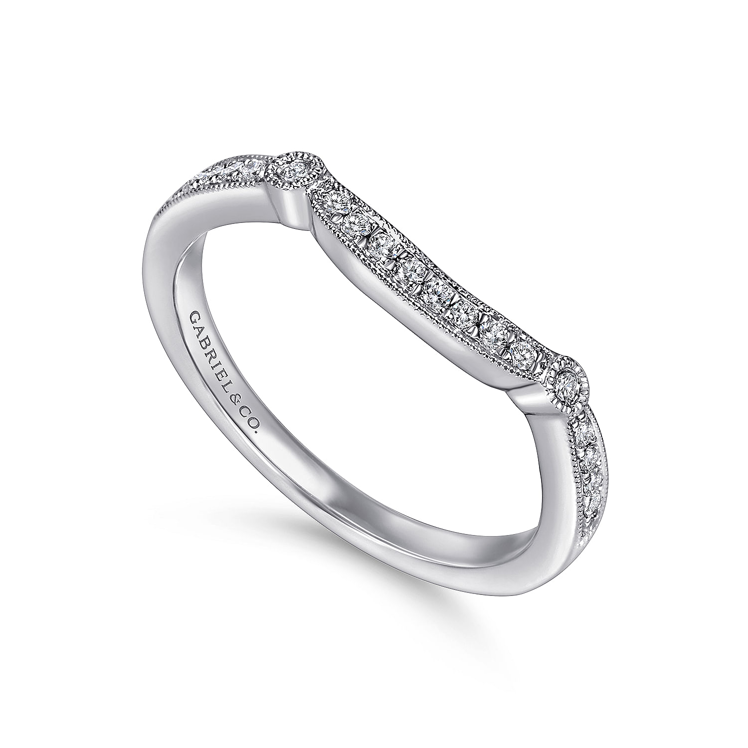 14k White Gold Victorian Curved Wedding Band angle 3 14k White Gold Victorian Curved Wedding Band angle 3