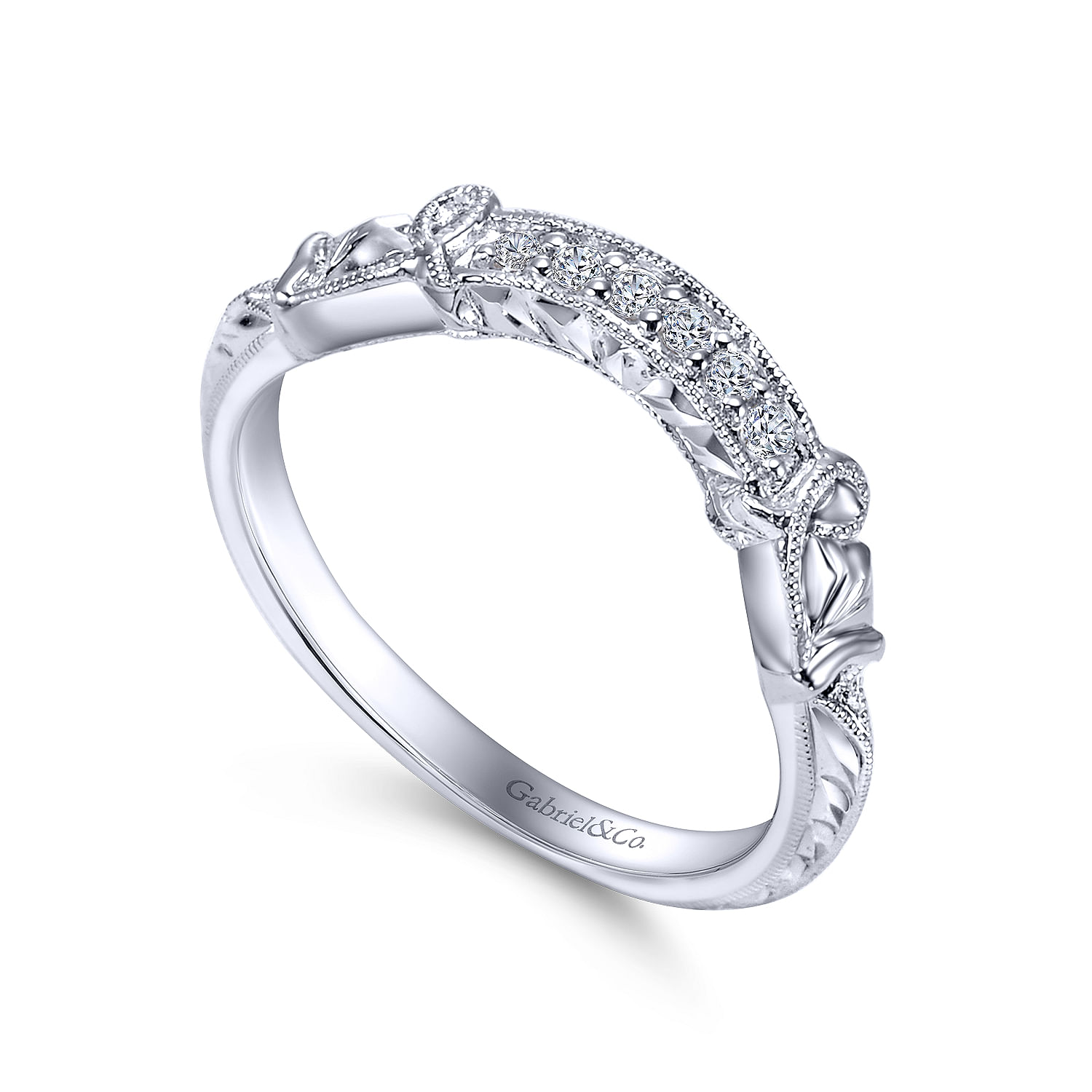 14k White Gold Victorian Curved Wedding Band angle 3 14k White Gold Victorian Curved Wedding Band angle 3
