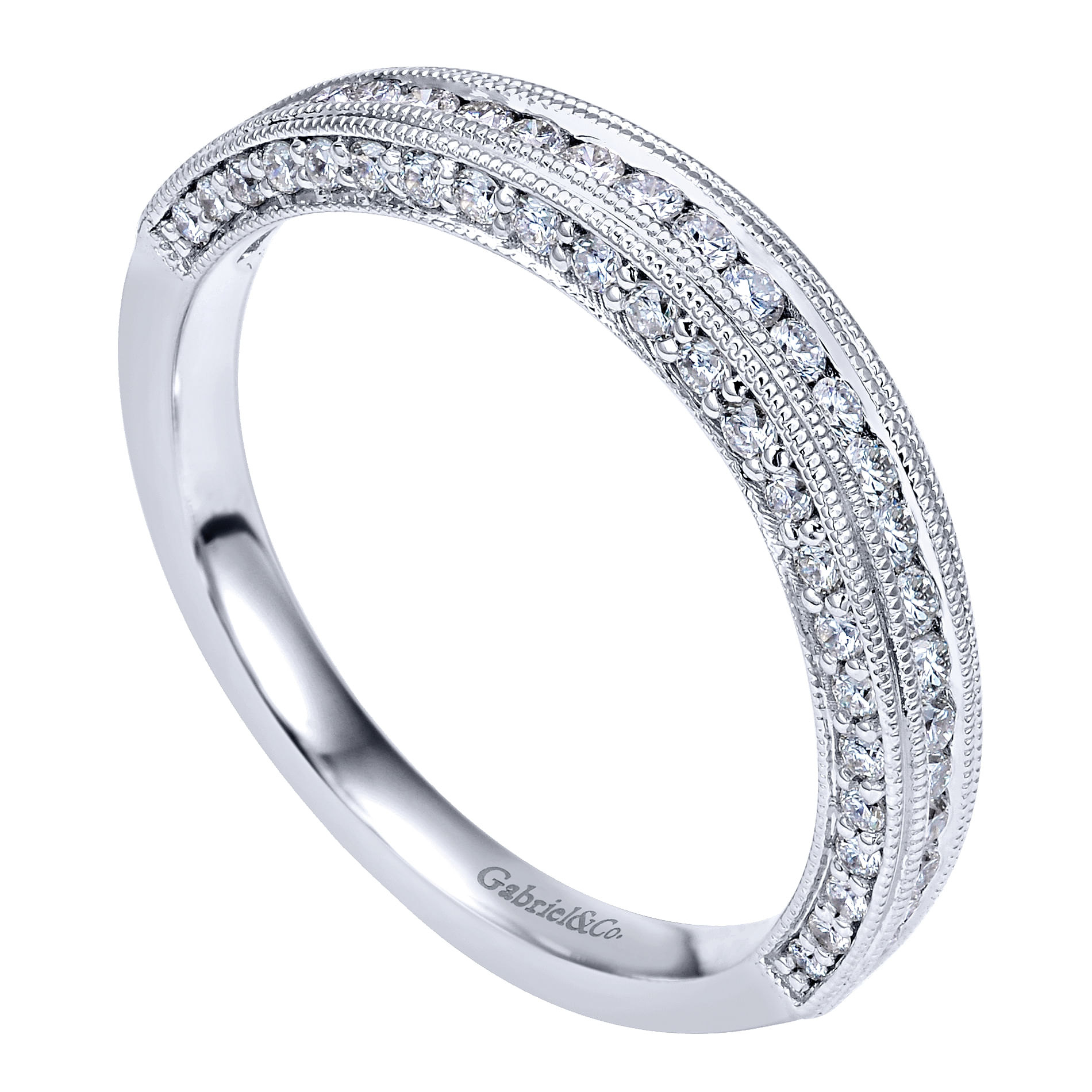 14k White Gold Victorian Curved Wedding Band angle 3 14k White Gold Victorian Curved Wedding Band angle 3