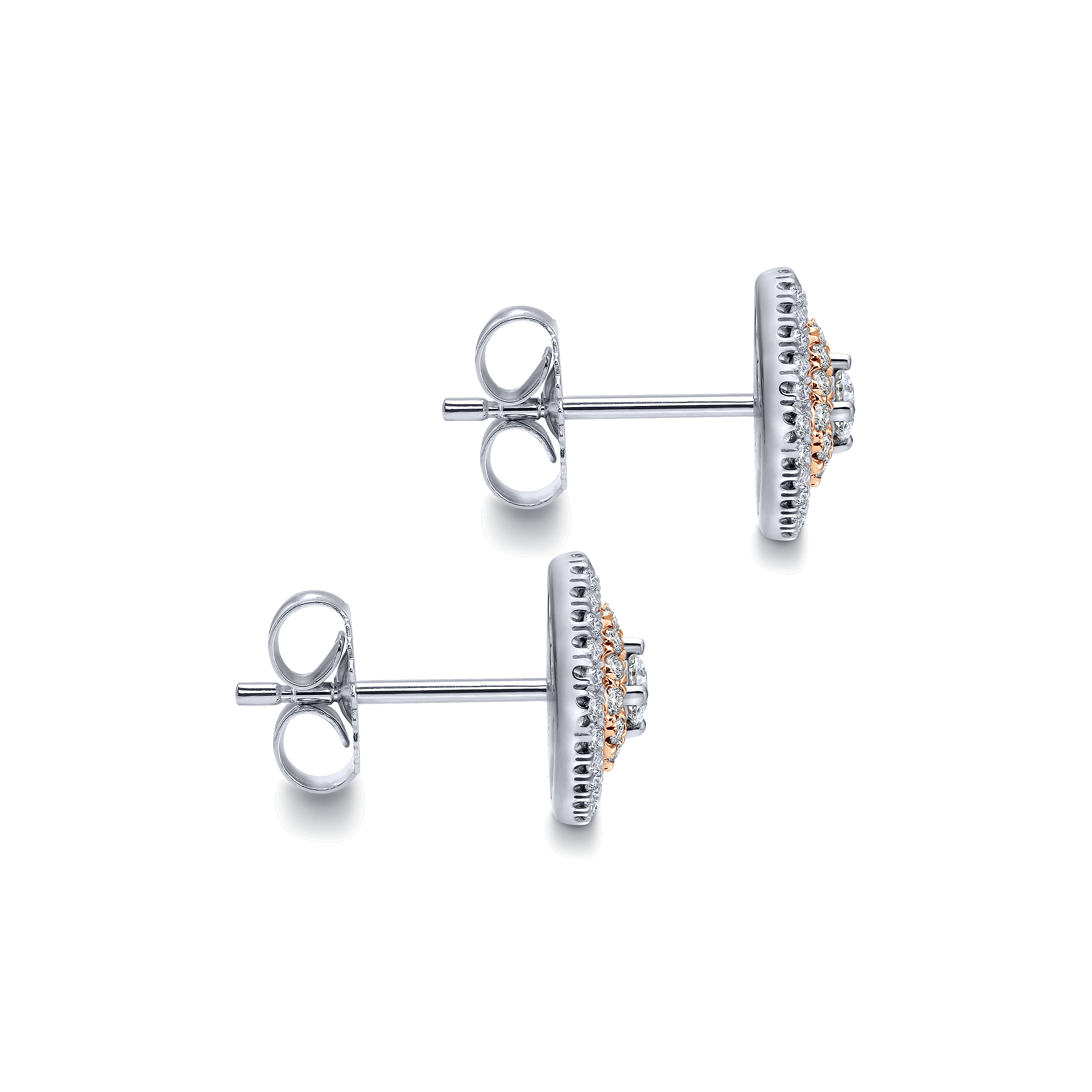 14k White and Pink Gold Double Pave Diamond Stud Earrings angle 3 14k White and Pink Gold Double Pave Diamond Stud Earrings angle 3