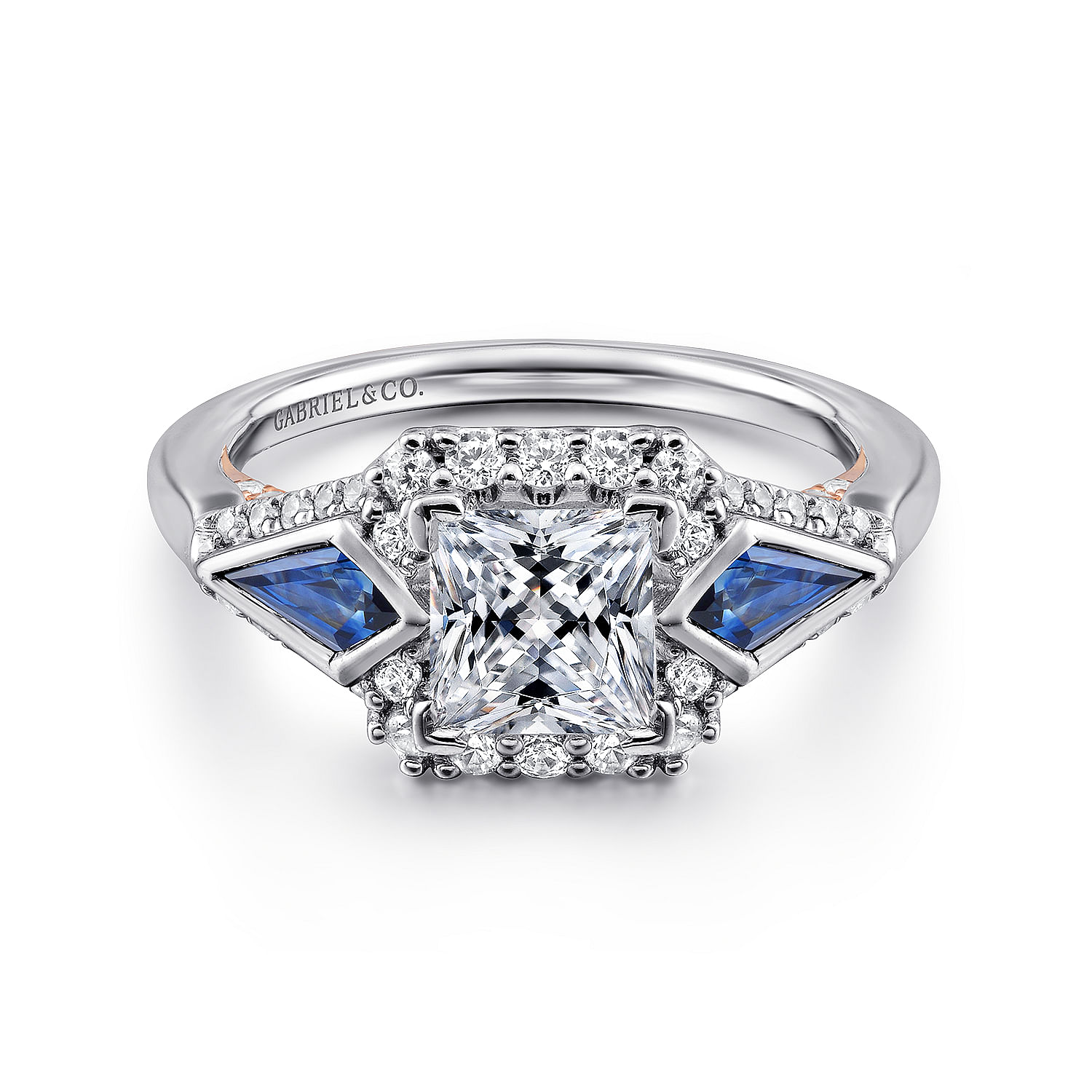 14k White/pink Gold Diamond And Sapphire 3 Stones Halo 14k White/pink Gold Diamond And Sapphire 3 Stones Halo