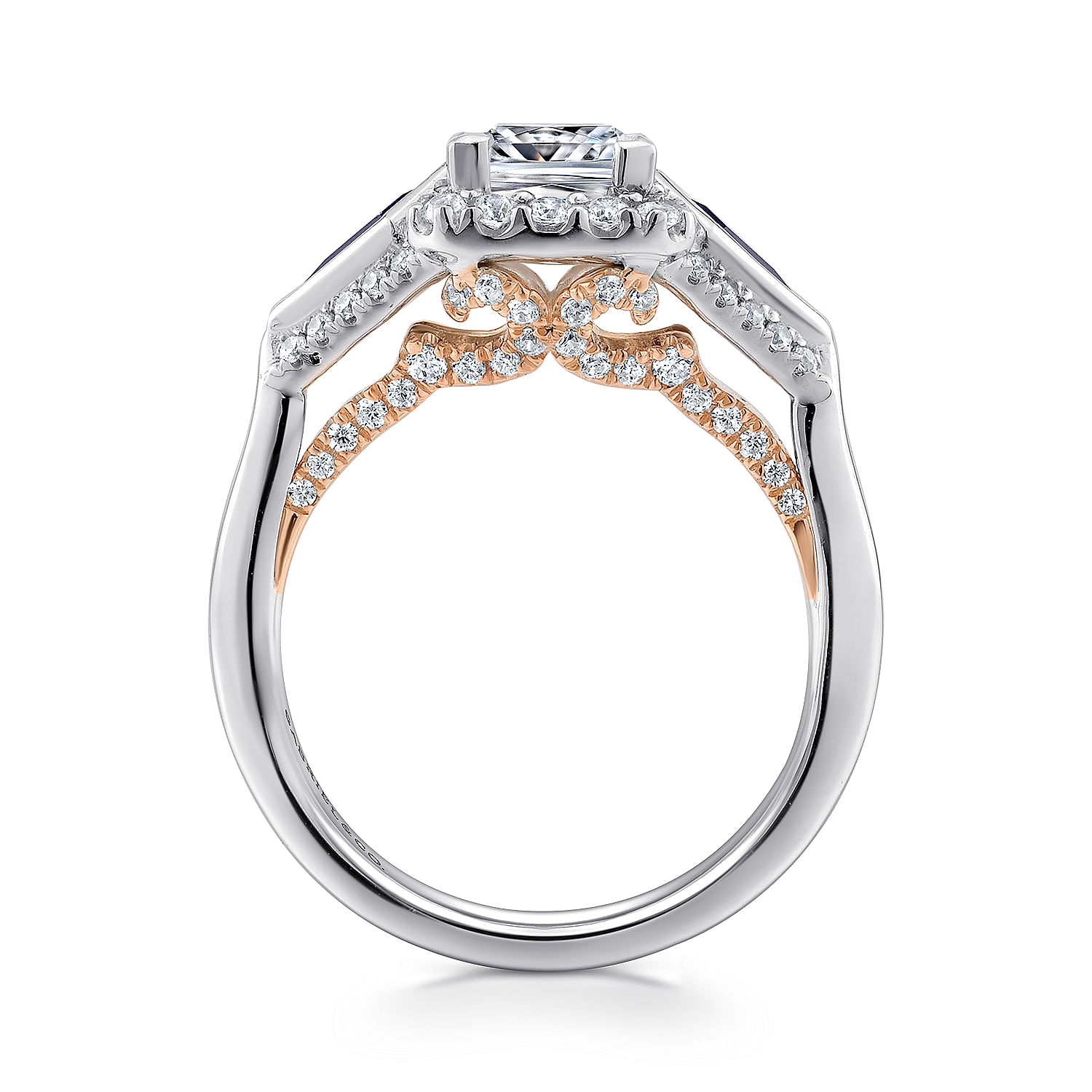 14k White/pink Gold Diamond And Sapphire 3 Stones Halo Engagement Ring angle 2 14k White/pink Gold Diamond And Sapphire 3 Stones Halo Engagement Ring angle 2