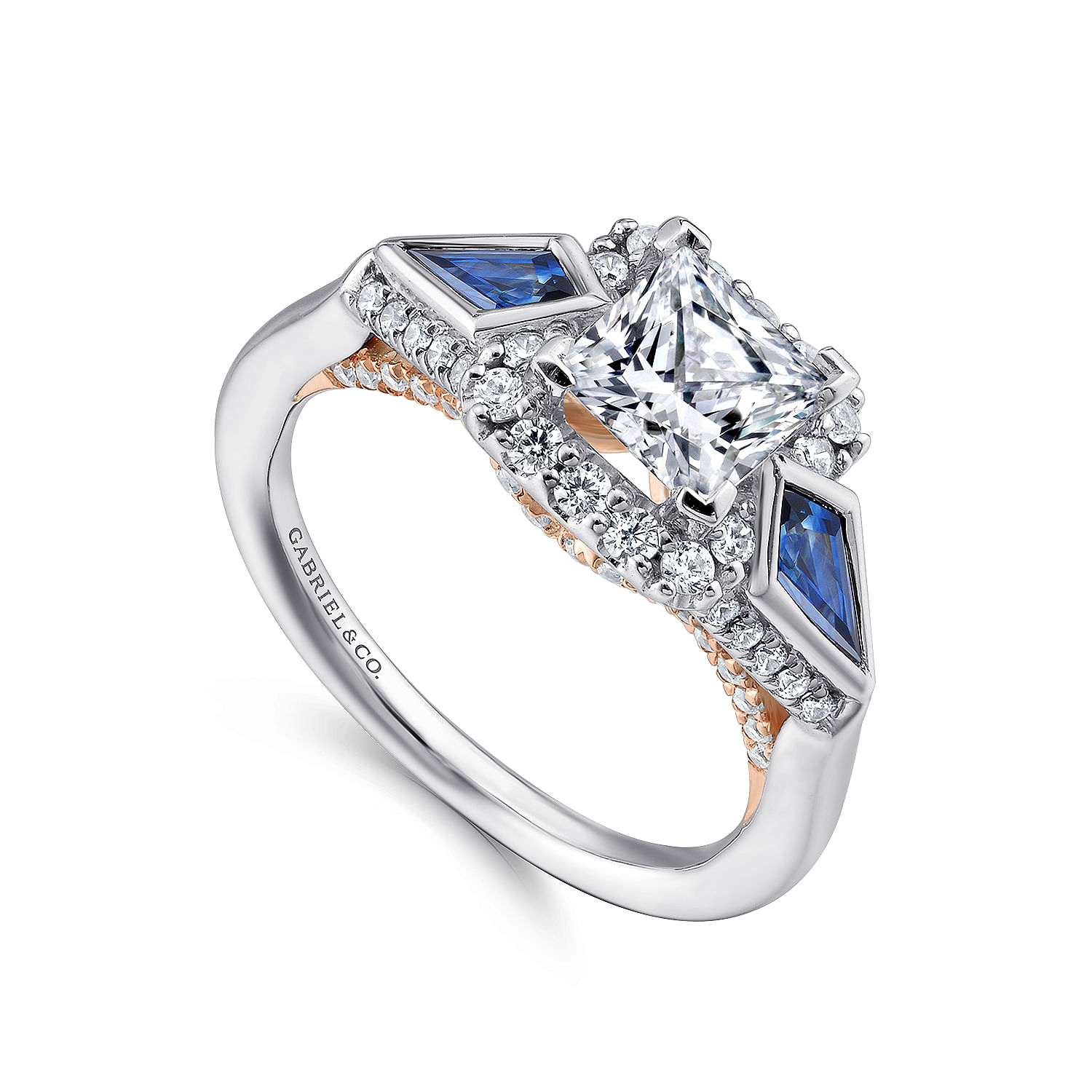 14k White/pink Gold Diamond And Sapphire 3 Stones Halo Engagement Ring angle 3 14k White/pink Gold Diamond And Sapphire 3 Stones Halo Engagement Ring angle 3