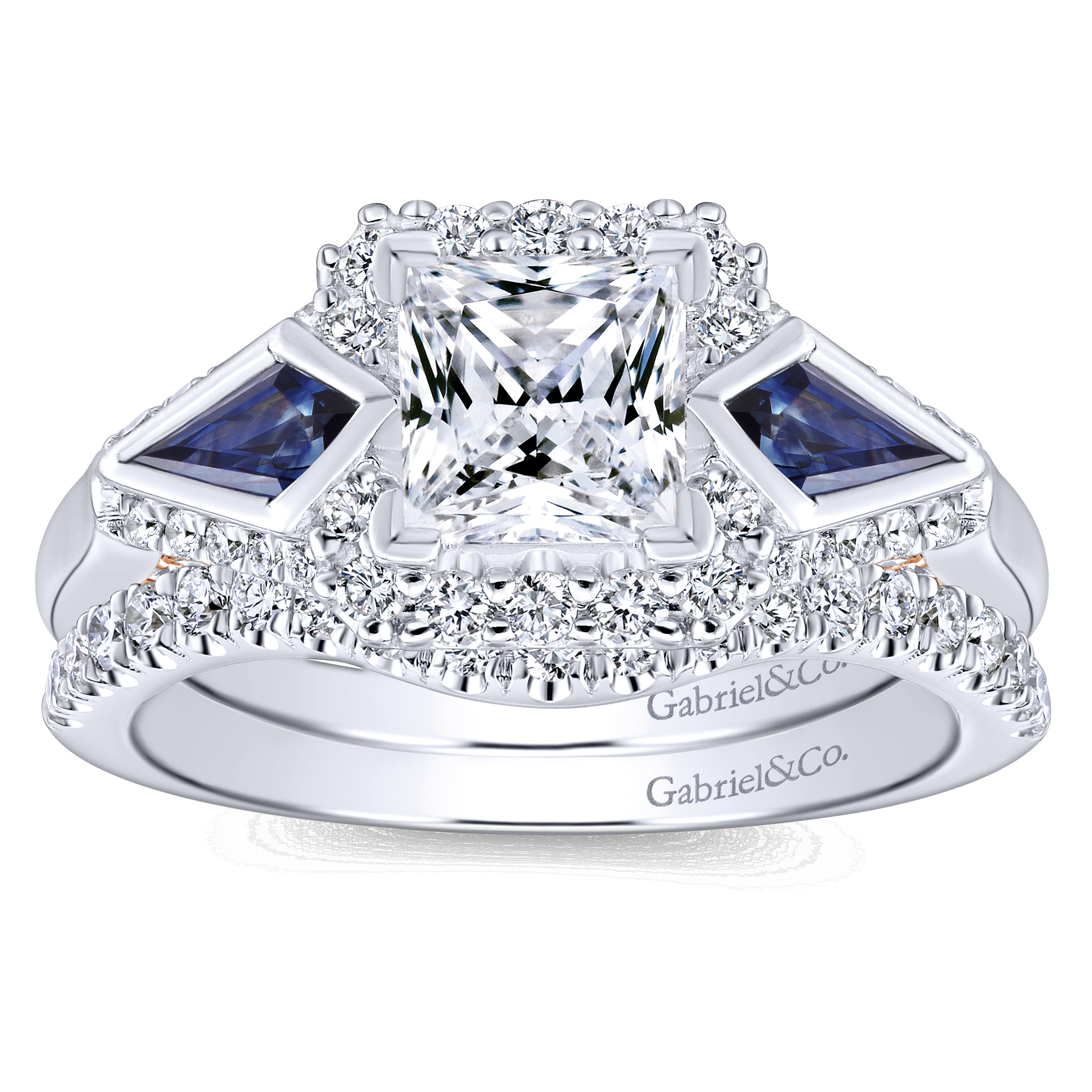 14k White/pink Gold Diamond And Sapphire 3 Stones Halo Engagement Ring angle 4 14k White/pink Gold Diamond And Sapphire 3 Stones Halo Engagement Ring angle 4