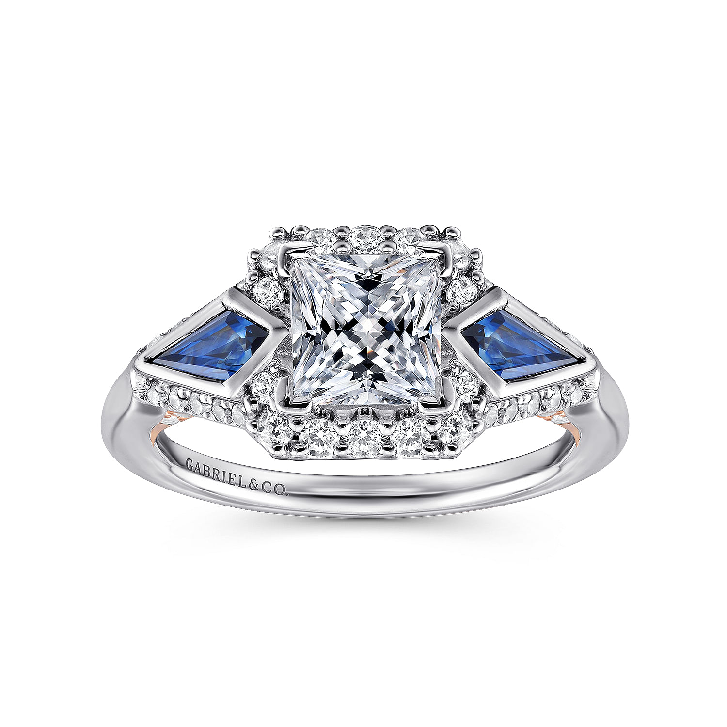 14k White/pink Gold Diamond And Sapphire 3 Stones Halo Engagement Ring angle 5 14k White/pink Gold Diamond And Sapphire 3 Stones Halo Engagement Ring angle 5