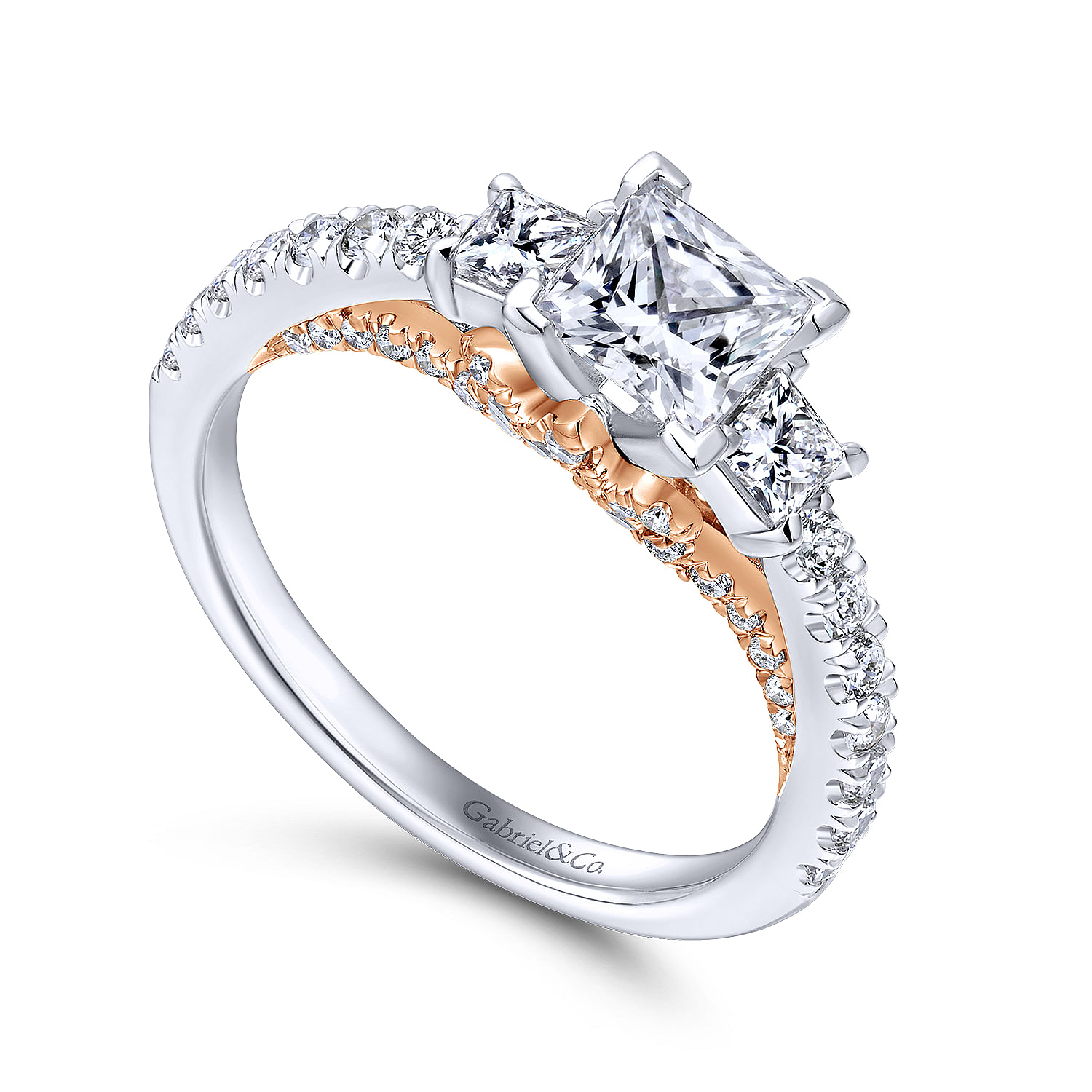 14k White/pink Gold Diamond 3 Stones Engagement Ring angle 3 14k White/pink Gold Diamond 3 Stones Engagement Ring angle 3