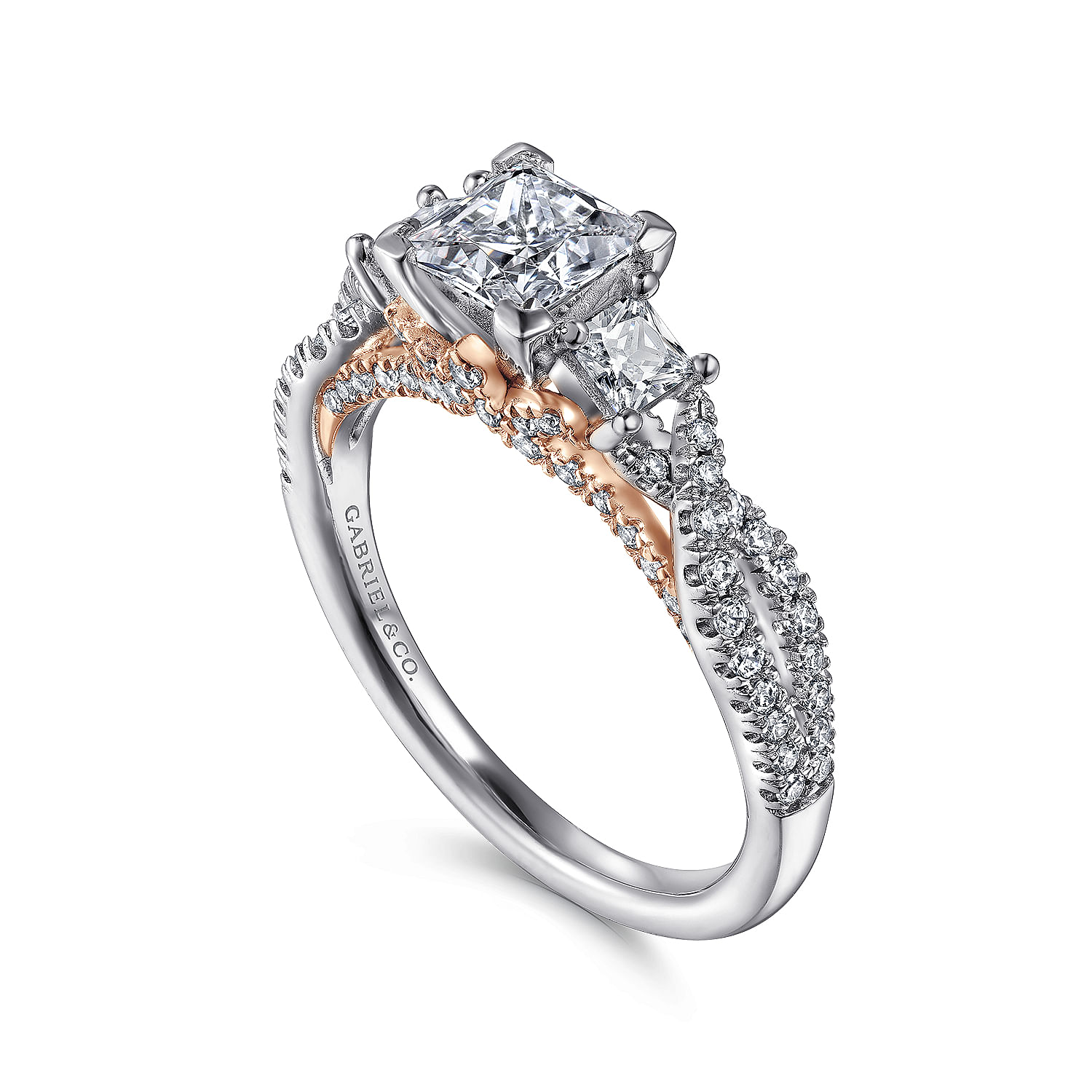14k White/pink Gold Diamond 3 Stones Engagement Ring angle 3 14k White/pink Gold Diamond 3 Stones Engagement Ring angle 3