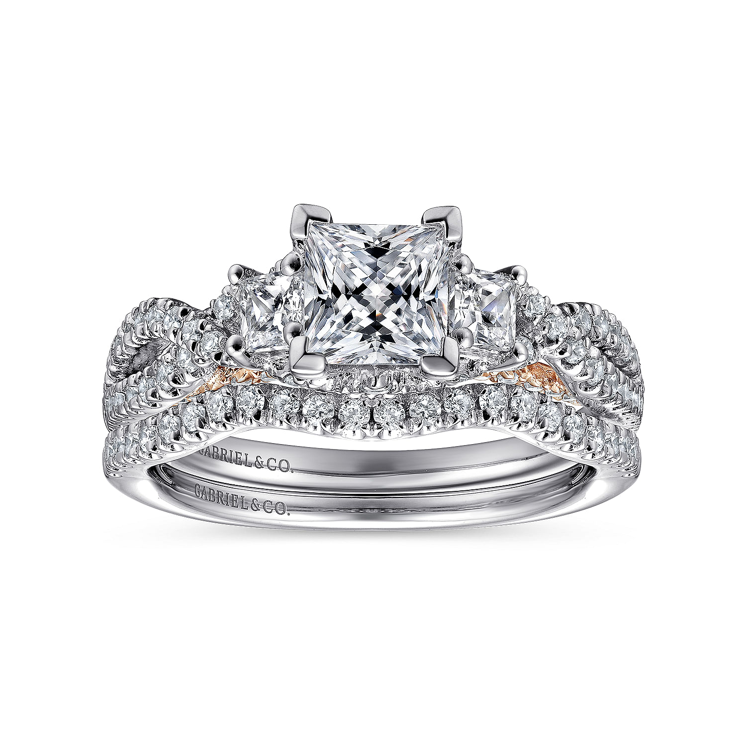 14k White/pink Gold Diamond 3 Stones Engagement Ring angle 4 14k White/pink Gold Diamond 3 Stones Engagement Ring angle 4
