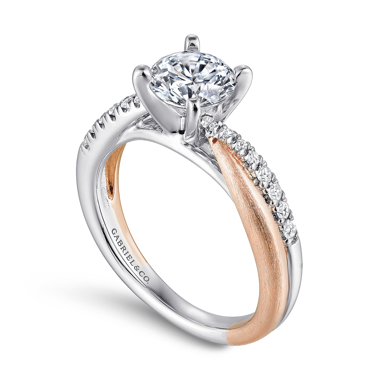 14k White/pink Gold Diamond Criss Cross Engagement Ring angle 3 14k White/pink Gold Diamond Criss Cross Engagement Ring angle 3