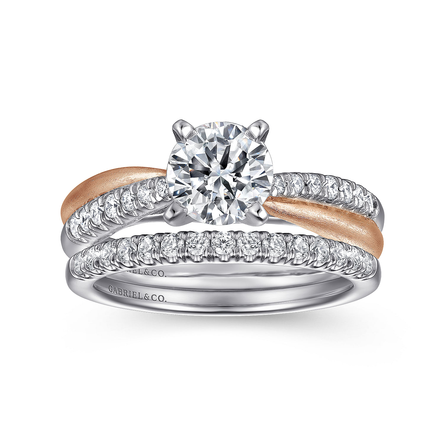14k White/pink Gold Diamond Criss Cross Engagement Ring angle 4 14k White/pink Gold Diamond Criss Cross Engagement Ring angle 4