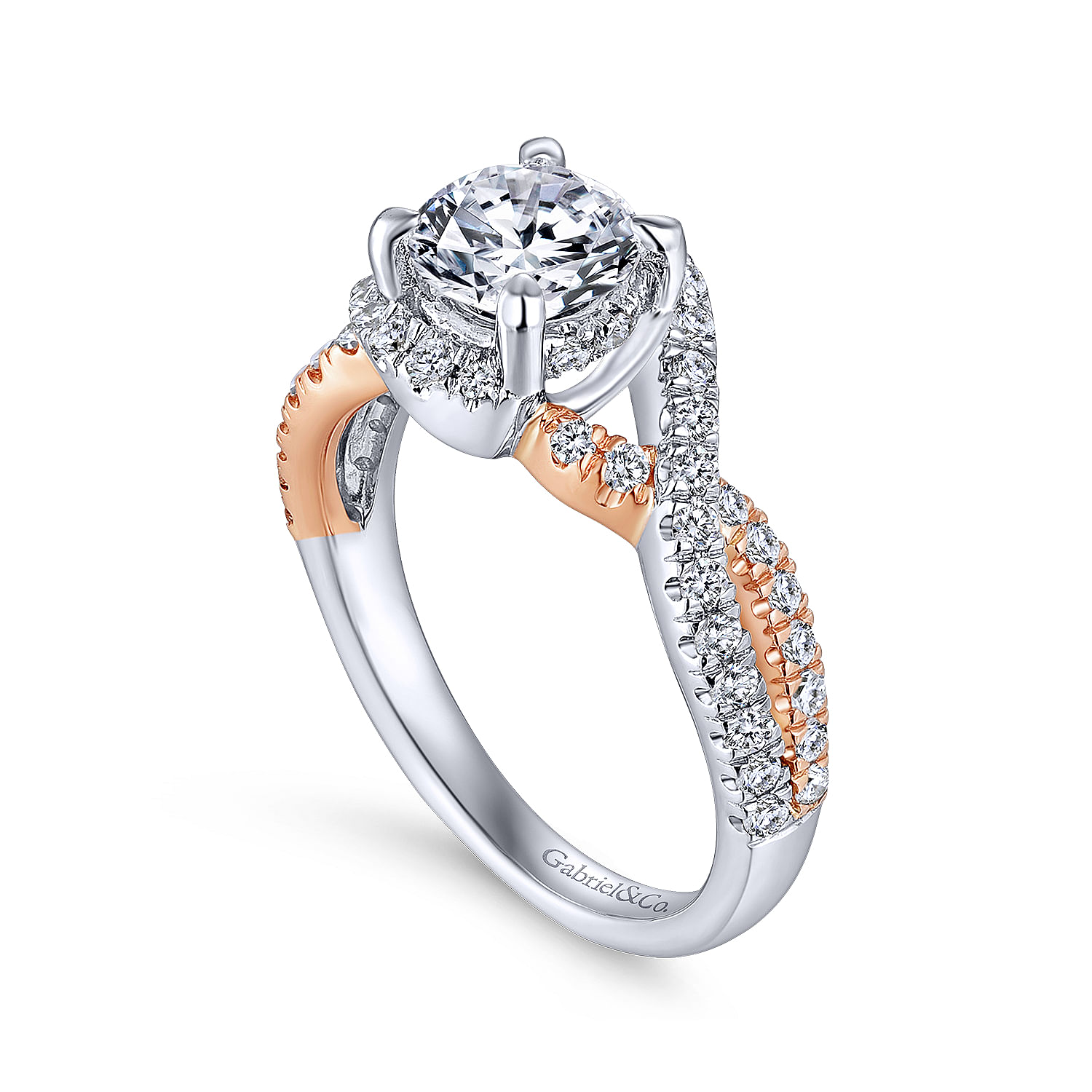 14k White/pink Gold Diamond Criss Cross Engagement Ring angle 3 14k White/pink Gold Diamond Criss Cross Engagement Ring angle 3