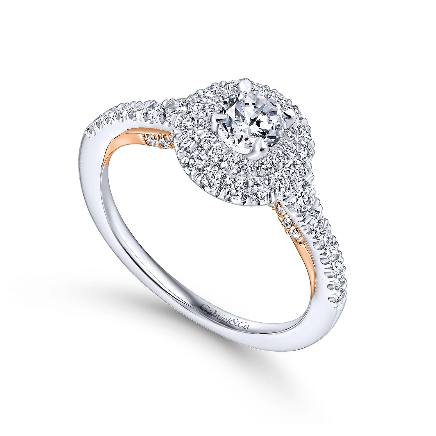 14k White/pink Gold Diamond Double Halo Engagement Ring angle 3 14k White/pink Gold Diamond Double Halo Engagement Ring angle 3