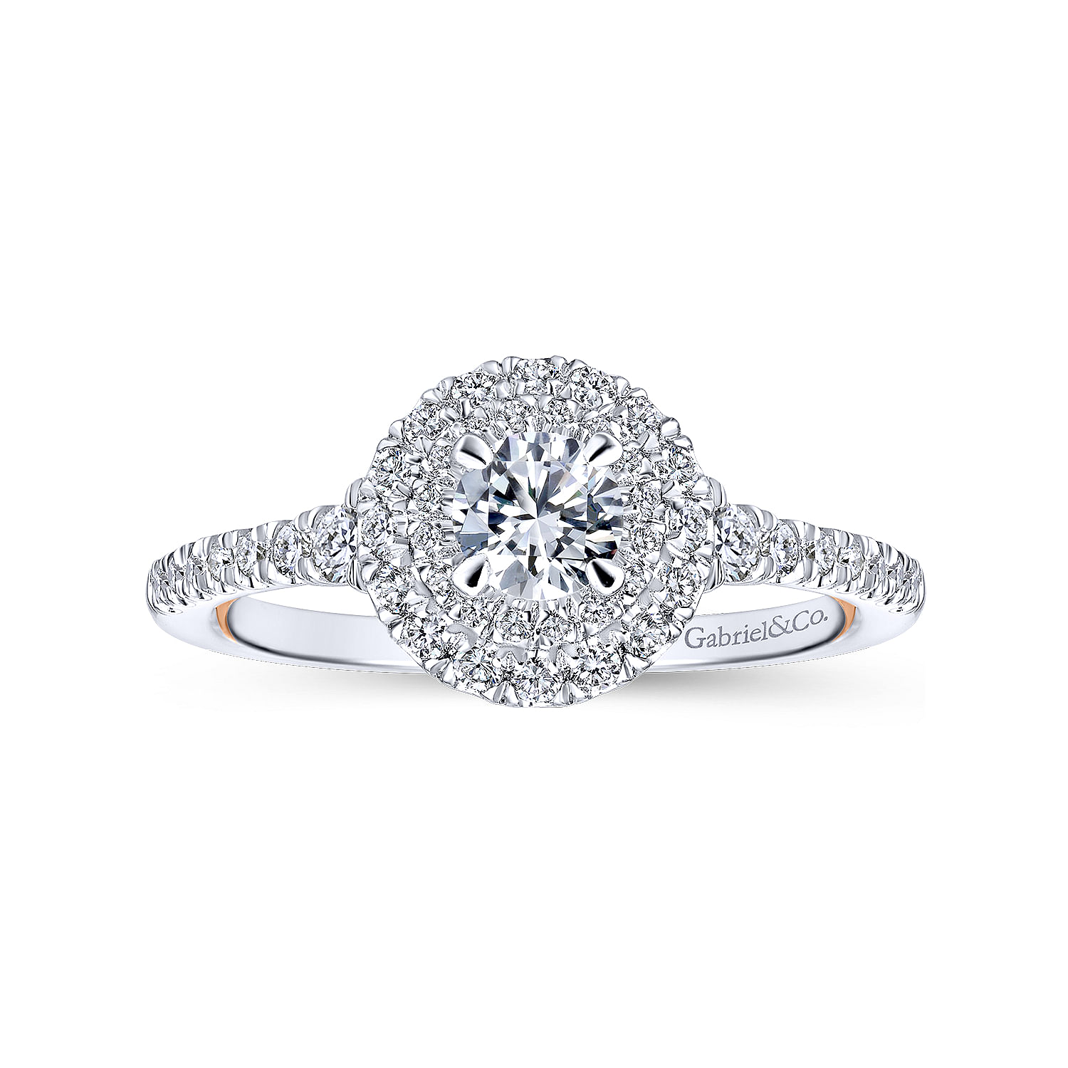 14k White/pink Gold Diamond Double Halo Engagement Ring angle 5 14k White/pink Gold Diamond Double Halo Engagement Ring angle 5