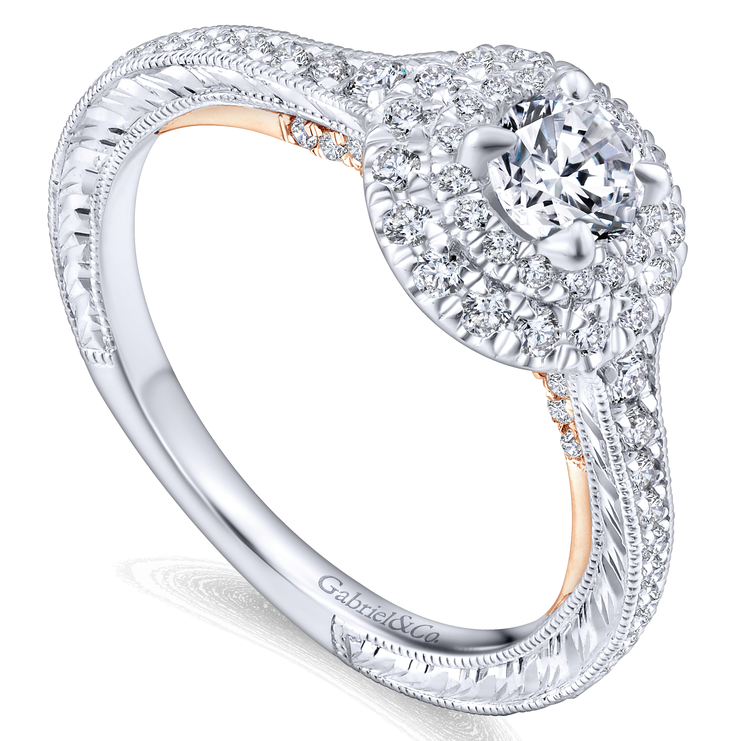 14k White/pink Gold Diamond Double Halo Engagement Ring angle 3 14k White/pink Gold Diamond Double Halo Engagement Ring angle 3
