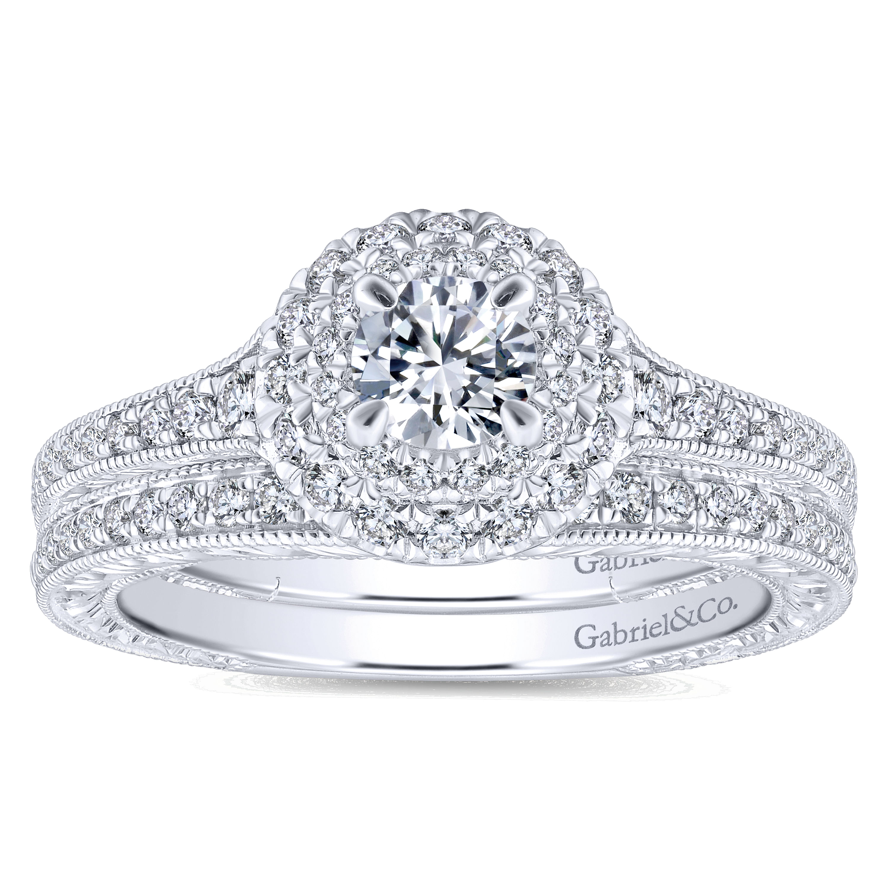 14k White/pink Gold Diamond Double Halo Engagement Ring angle 4 14k White/pink Gold Diamond Double Halo Engagement Ring angle 4