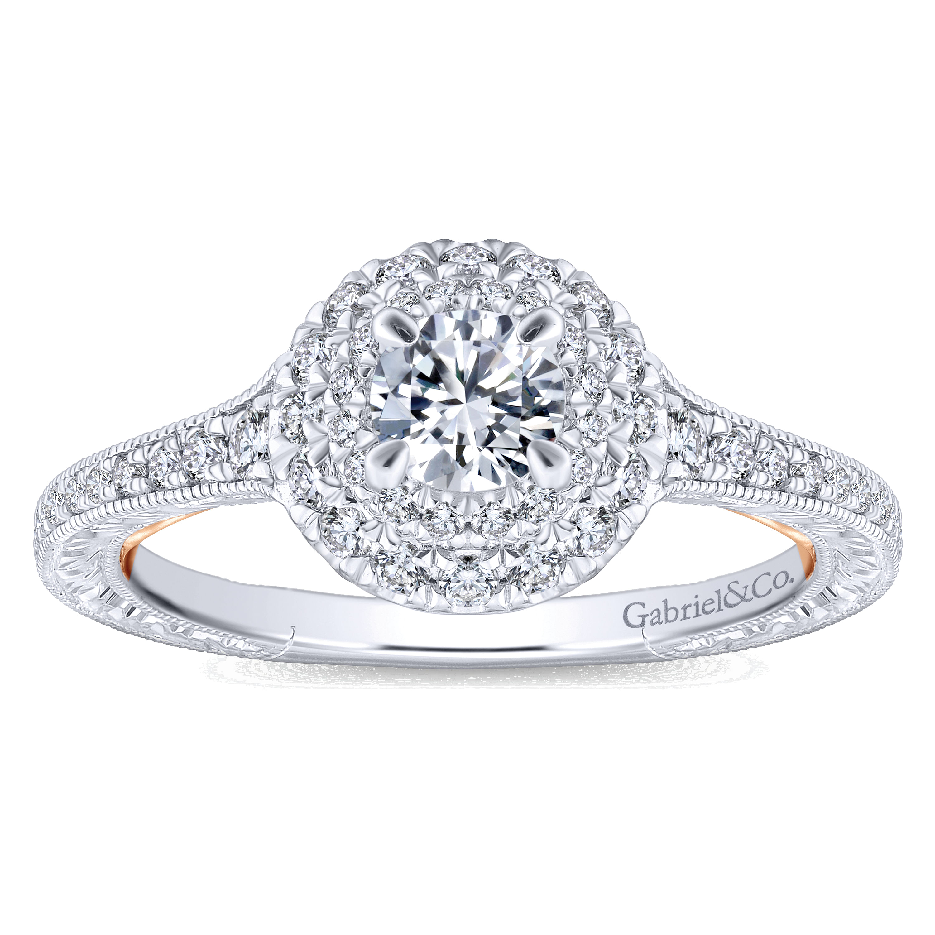14k White/pink Gold Diamond Double Halo Engagement Ring angle 5 14k White/pink Gold Diamond Double Halo Engagement Ring angle 5