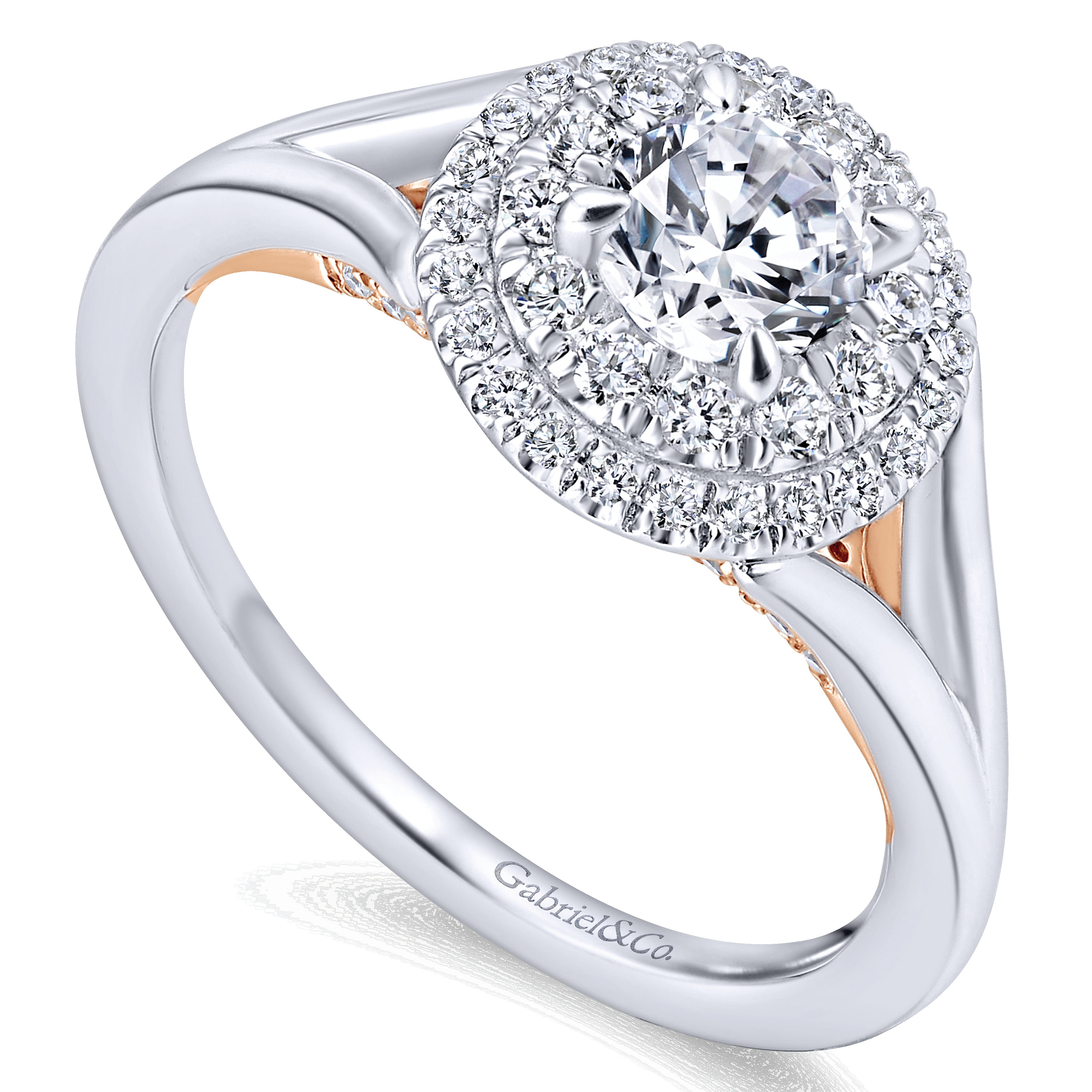 14k White/pink Gold Diamond Double Halo Engagement Ring angle 3 14k White/pink Gold Diamond Double Halo Engagement Ring angle 3