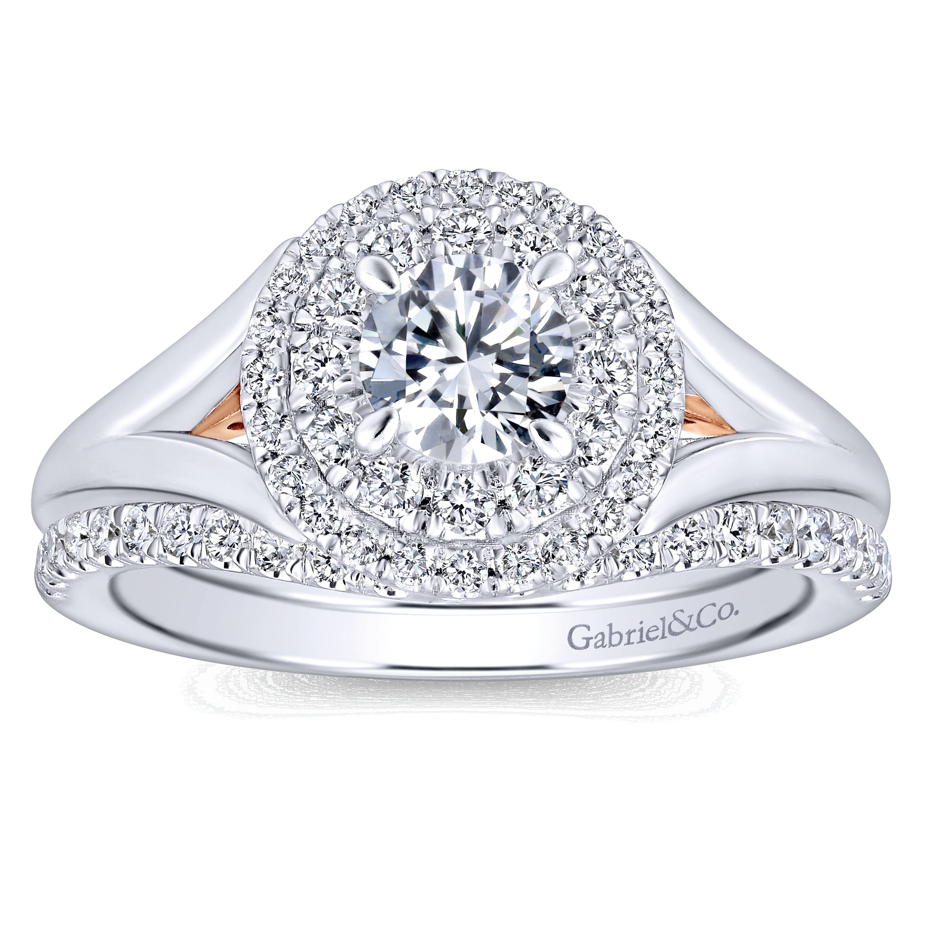 14k White/pink Gold Diamond Double Halo Engagement Ring angle 4 14k White/pink Gold Diamond Double Halo Engagement Ring angle 4