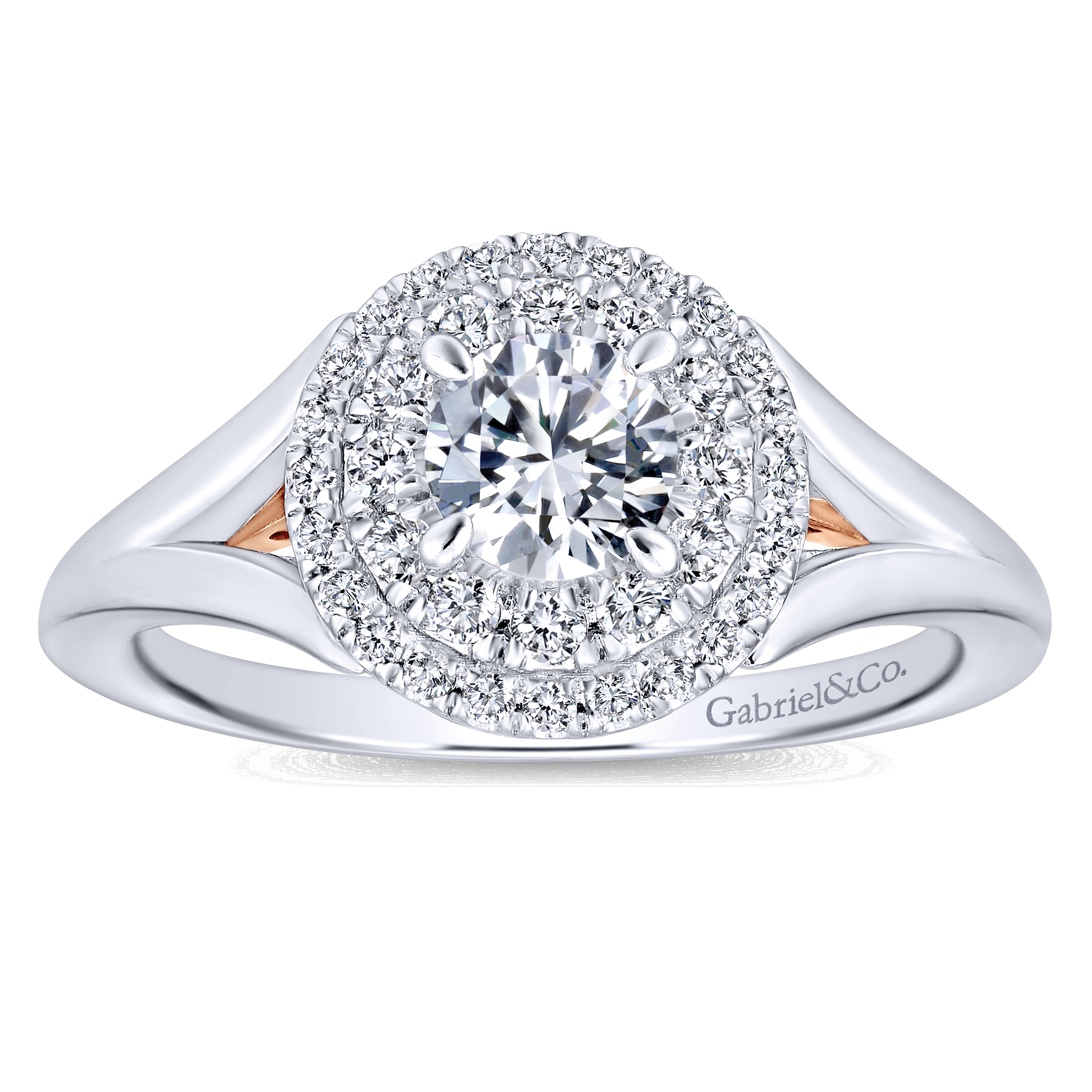 14k White/pink Gold Diamond Double Halo Engagement Ring angle 5 14k White/pink Gold Diamond Double Halo Engagement Ring angle 5
