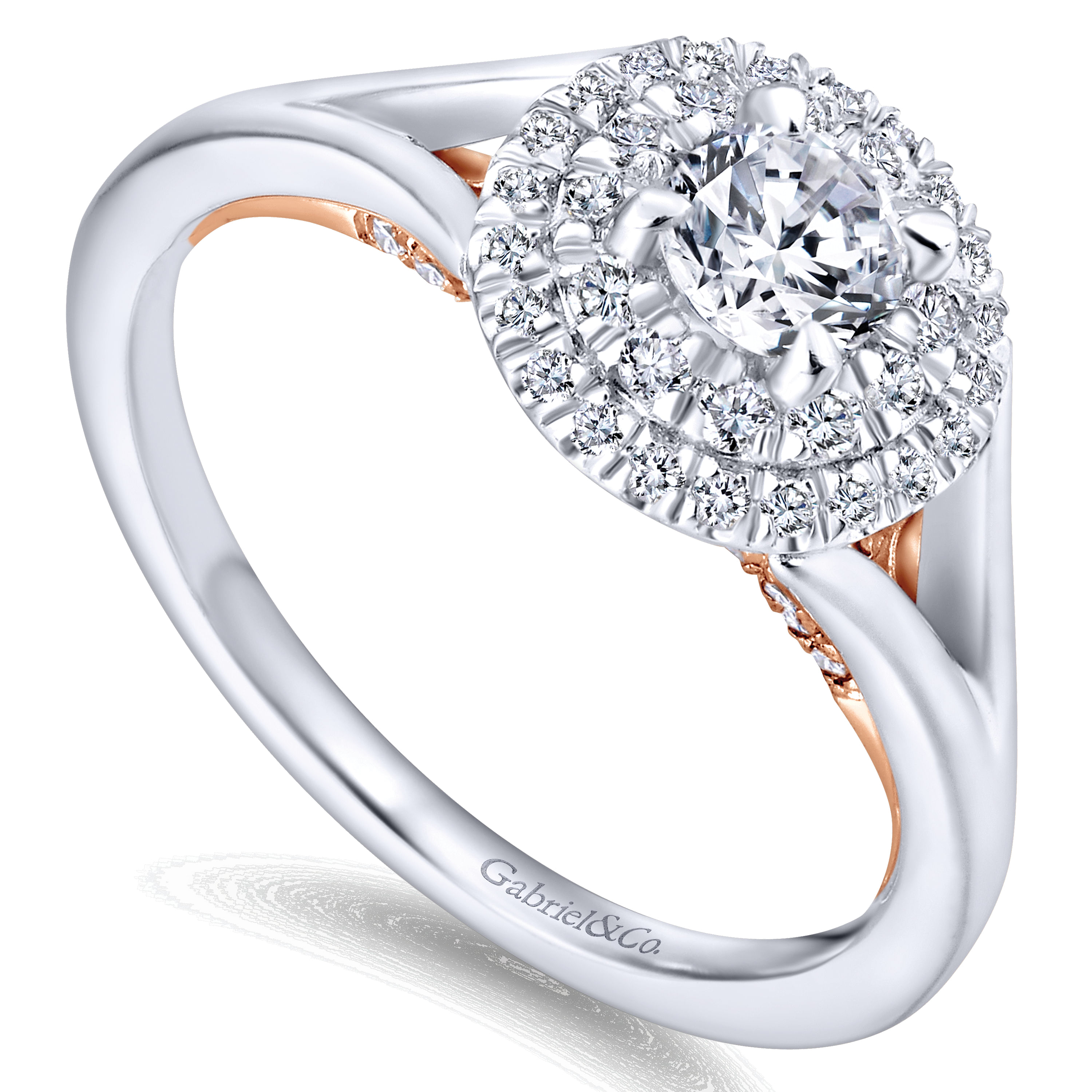 14k White/pink Gold Diamond Double Halo Engagement Ring angle 3 14k White/pink Gold Diamond Double Halo Engagement Ring angle 3