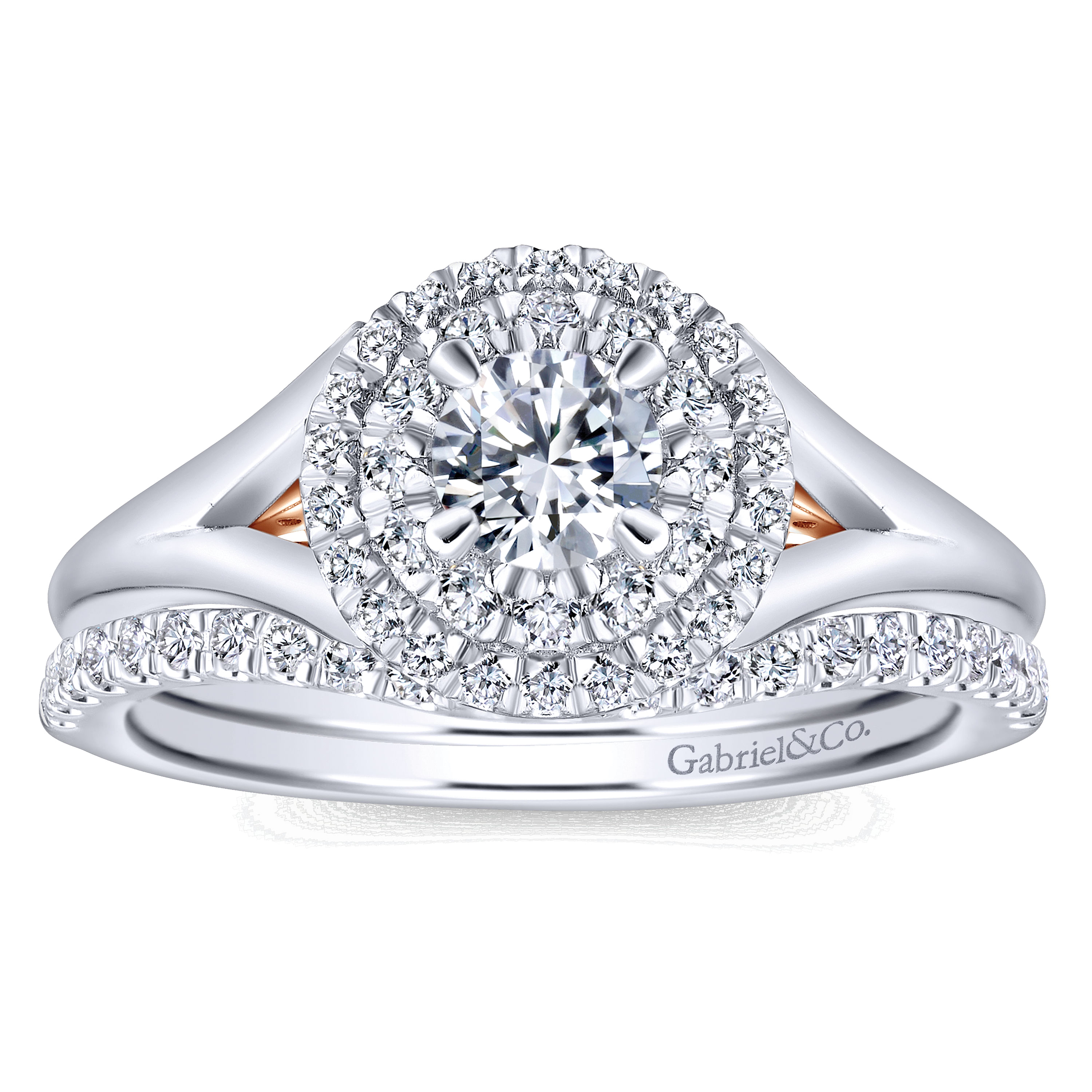 14k White/pink Gold Diamond Double Halo Engagement Ring angle 4 14k White/pink Gold Diamond Double Halo Engagement Ring angle 4