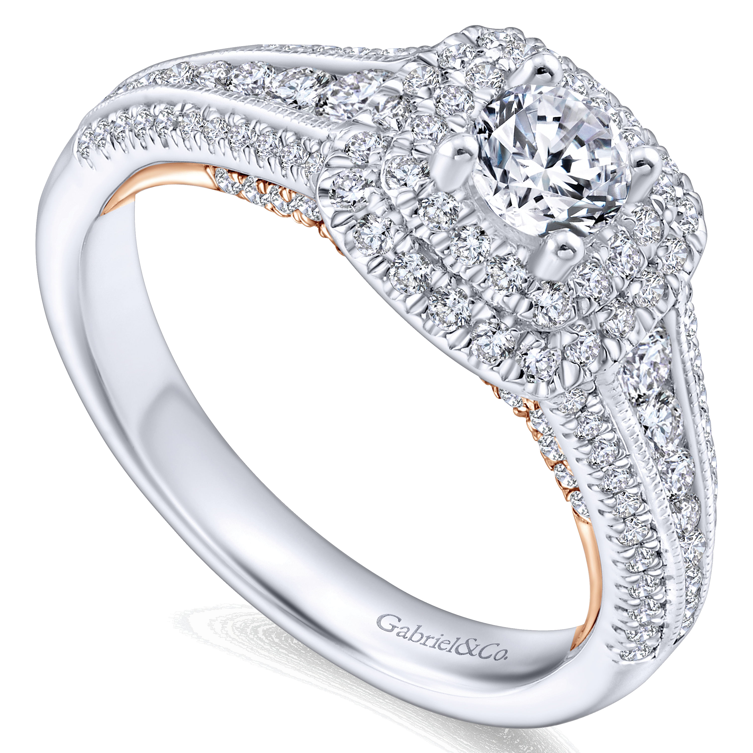 14k White/pink Gold Diamond Double Halo Engagement Ring angle 3 14k White/pink Gold Diamond Double Halo Engagement Ring angle 3