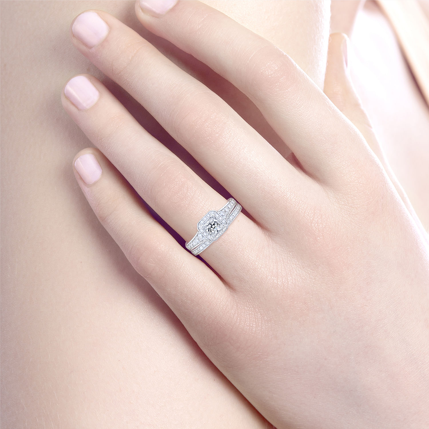 14k White/pink Gold Diamond Double Halo Engagement Ring angle 6 14k White/pink Gold Diamond Double Halo Engagement Ring angle 6