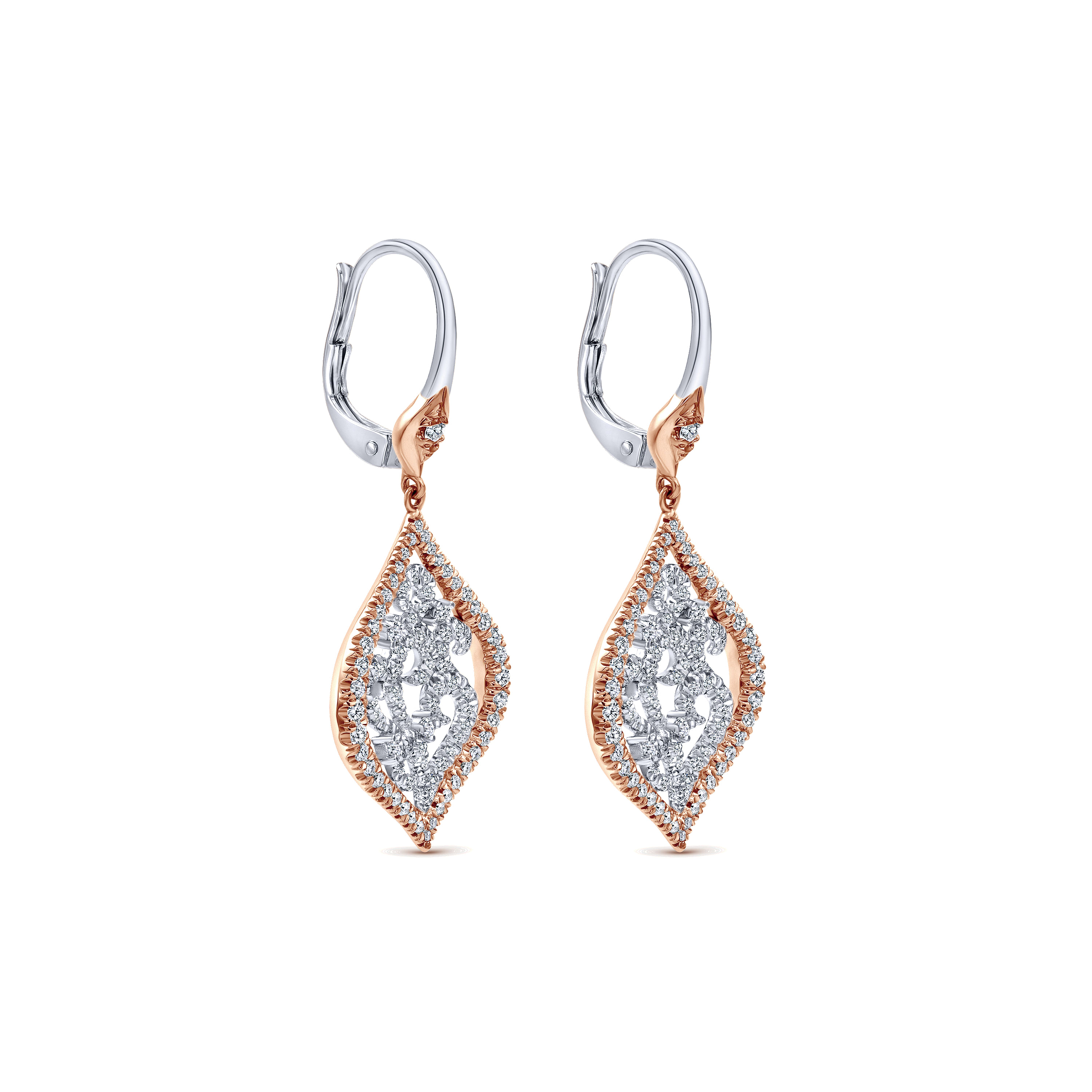 14k White/pink Gold Diamond Drop Earrings angle 2 14k White/pink Gold Diamond Drop Earrings angle 2