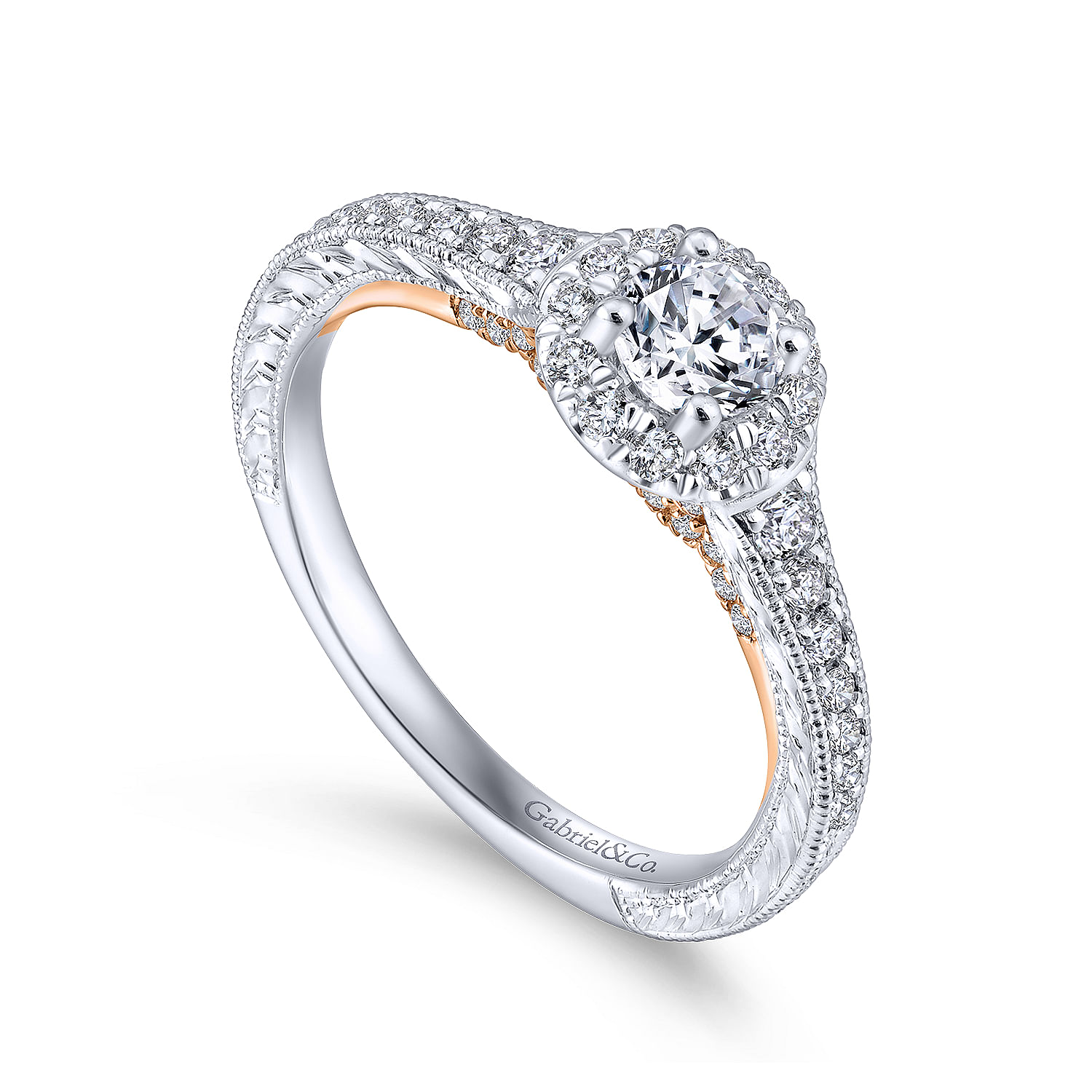 14k White/pink Gold Diamond Halo Engagement Ring angle 3 14k White/pink Gold Diamond Halo Engagement Ring angle 3