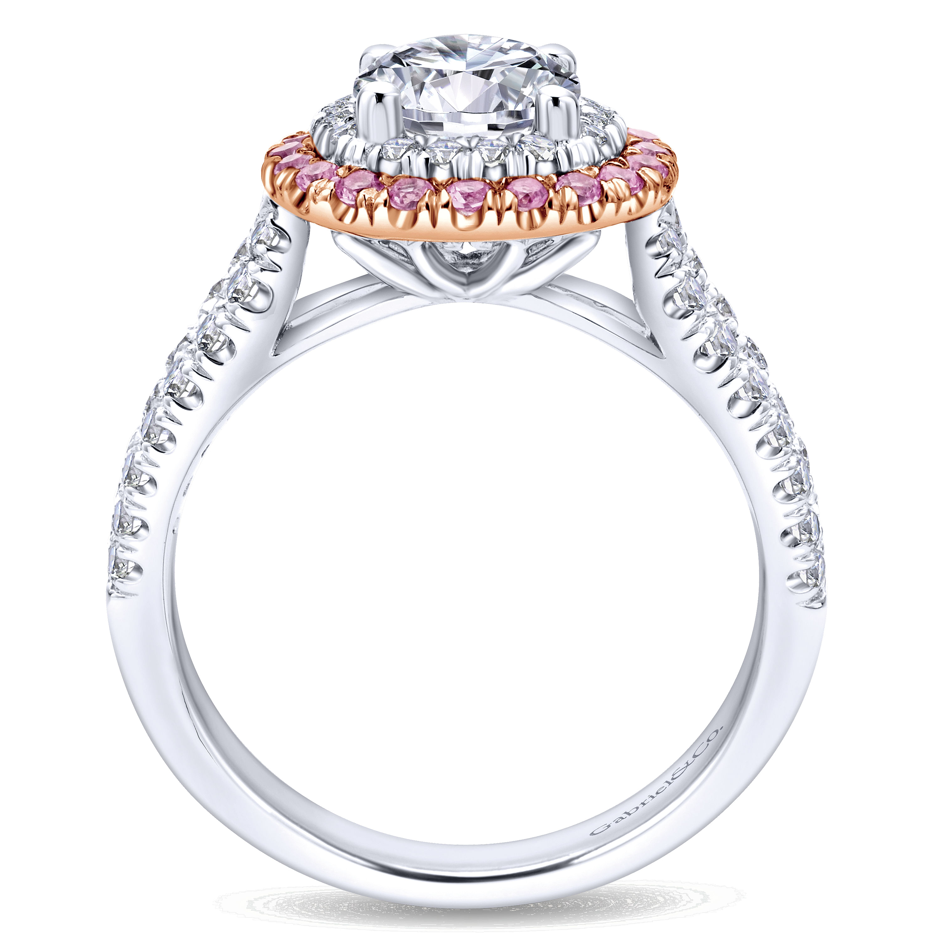 14k White/pink Gold Diamond Pink Sapphire Double Halo Engagement Ring angle 2 14k White/pink Gold Diamond Pink Sapphire Double Halo Engagement Ring angle 2