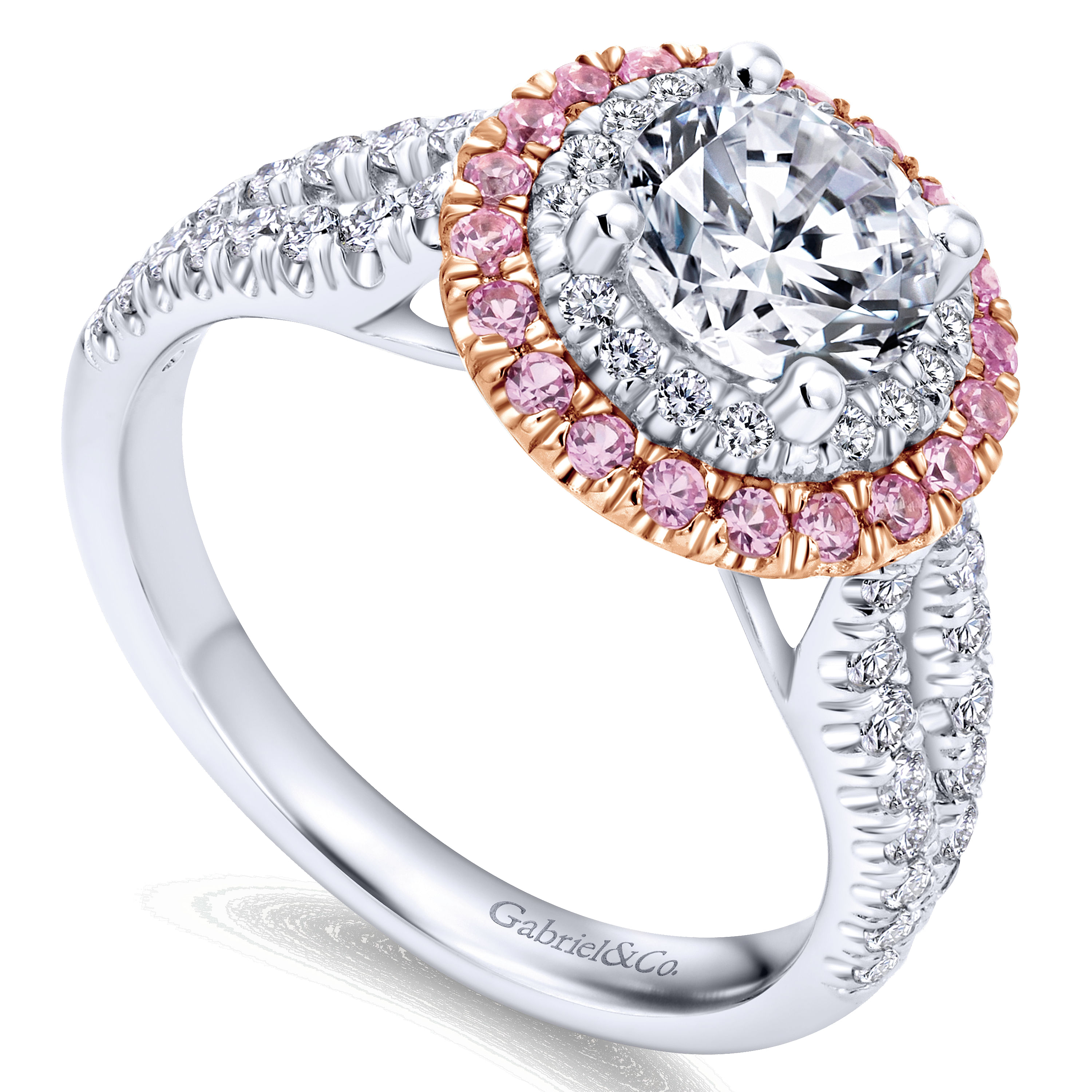 14k White/pink Gold Diamond Pink Sapphire Double Halo Engagement Ring angle 3 14k White/pink Gold Diamond Pink Sapphire Double Halo Engagement Ring angle 3