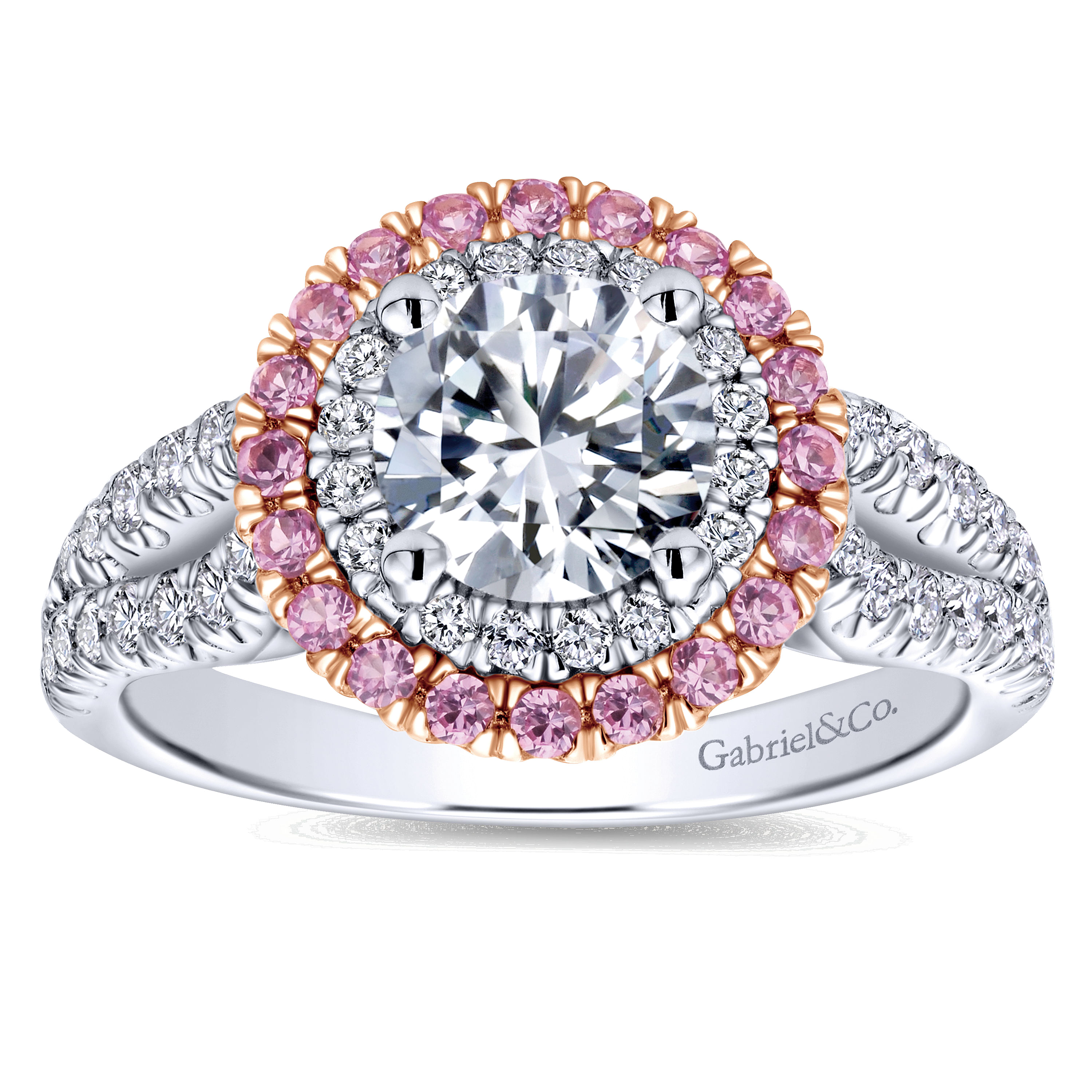 14k White/pink Gold Diamond Pink Sapphire Double Halo Engagement Ring angle 5 14k White/pink Gold Diamond Pink Sapphire Double Halo Engagement Ring angle 5