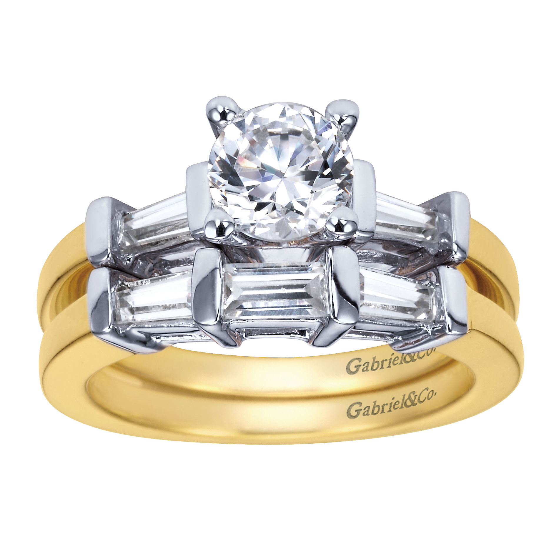 14k Yellow And White Gold Round 3 Stones Engagement Ring angle 4 14k Yellow And White Gold Round 3 Stones Engagement Ring angle 4