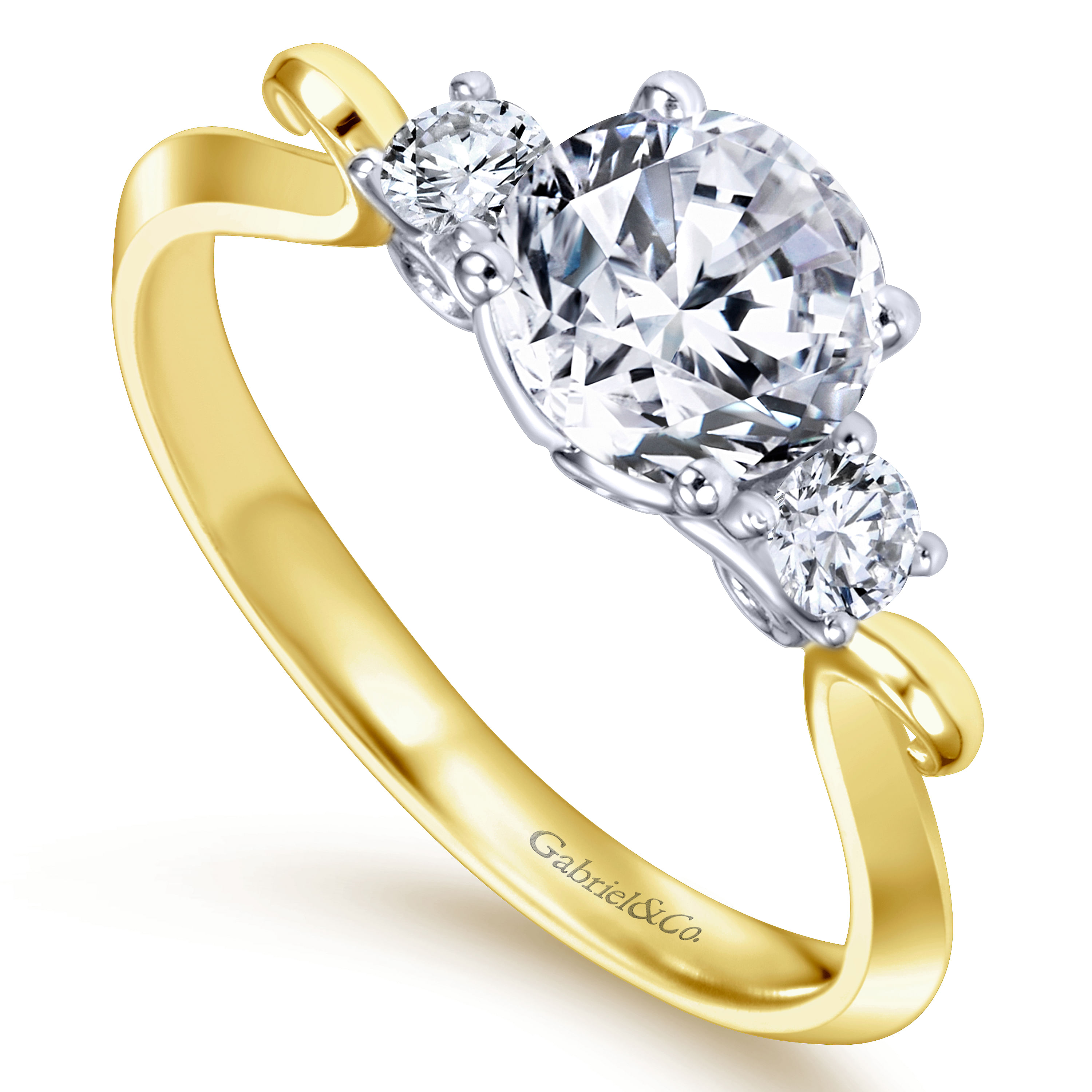 14k Yellow And White Gold Round 3 Stones Engagement Ring angle 3 14k Yellow And White Gold Round 3 Stones Engagement Ring angle 3