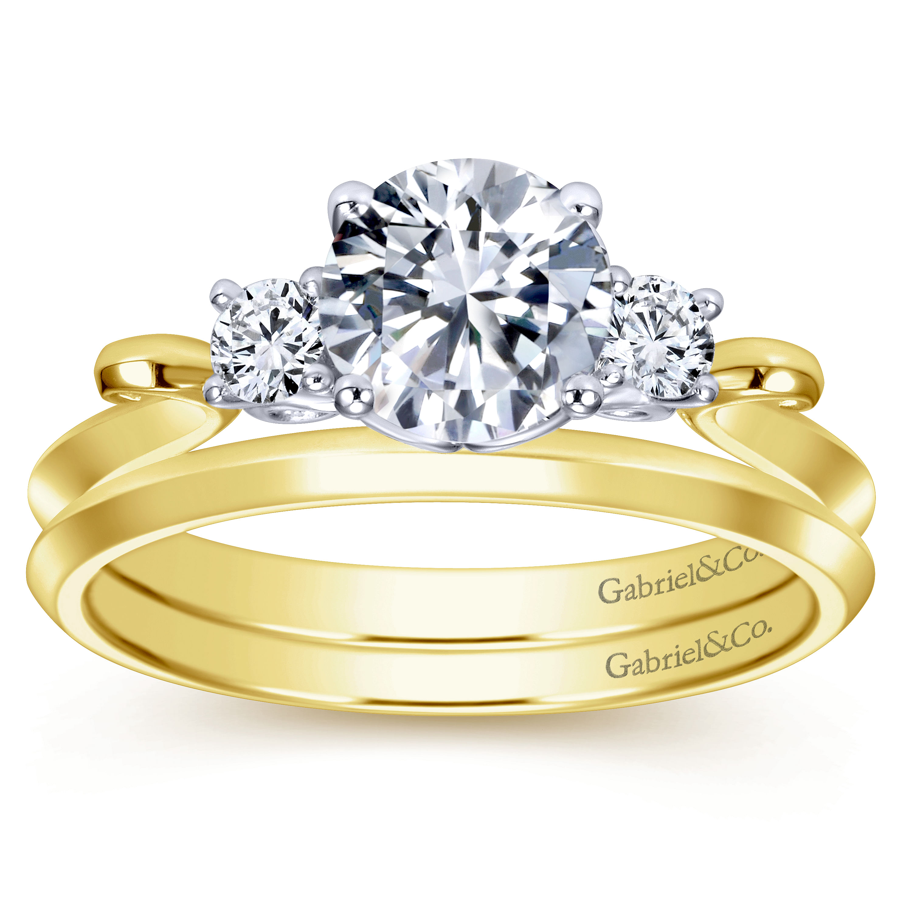 14k Yellow And White Gold Round 3 Stones Engagement Ring angle 4 14k Yellow And White Gold Round 3 Stones Engagement Ring angle 4